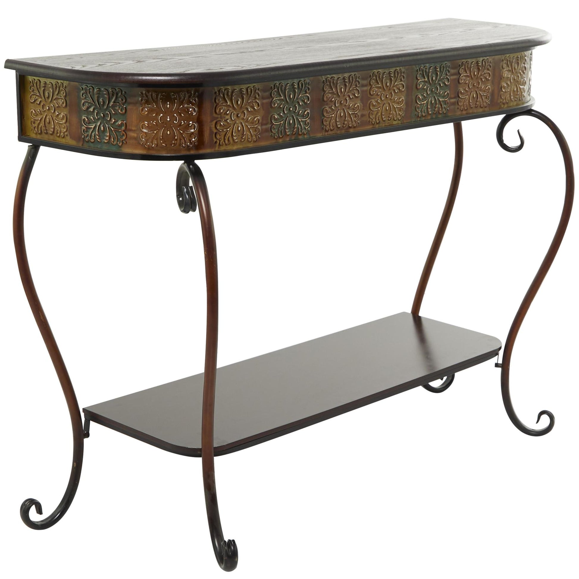 Floral Brown Metal Embossed Living Room Console Table with Ornate Scroll Legs