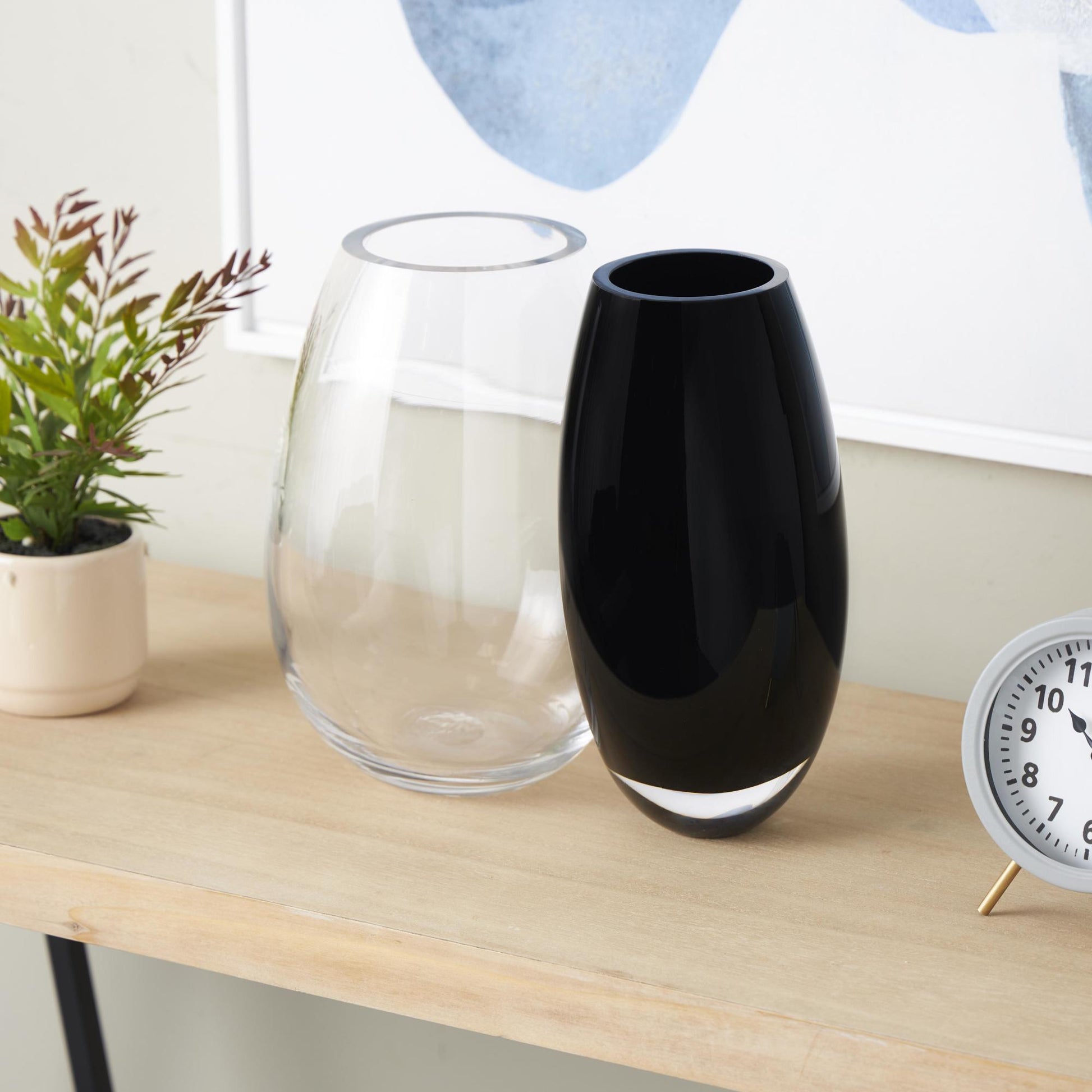 Abstract Black Recycled Glass Handmade Rounded 2 Opening 2 Opening Decorative Vase with Clear Glass Accent