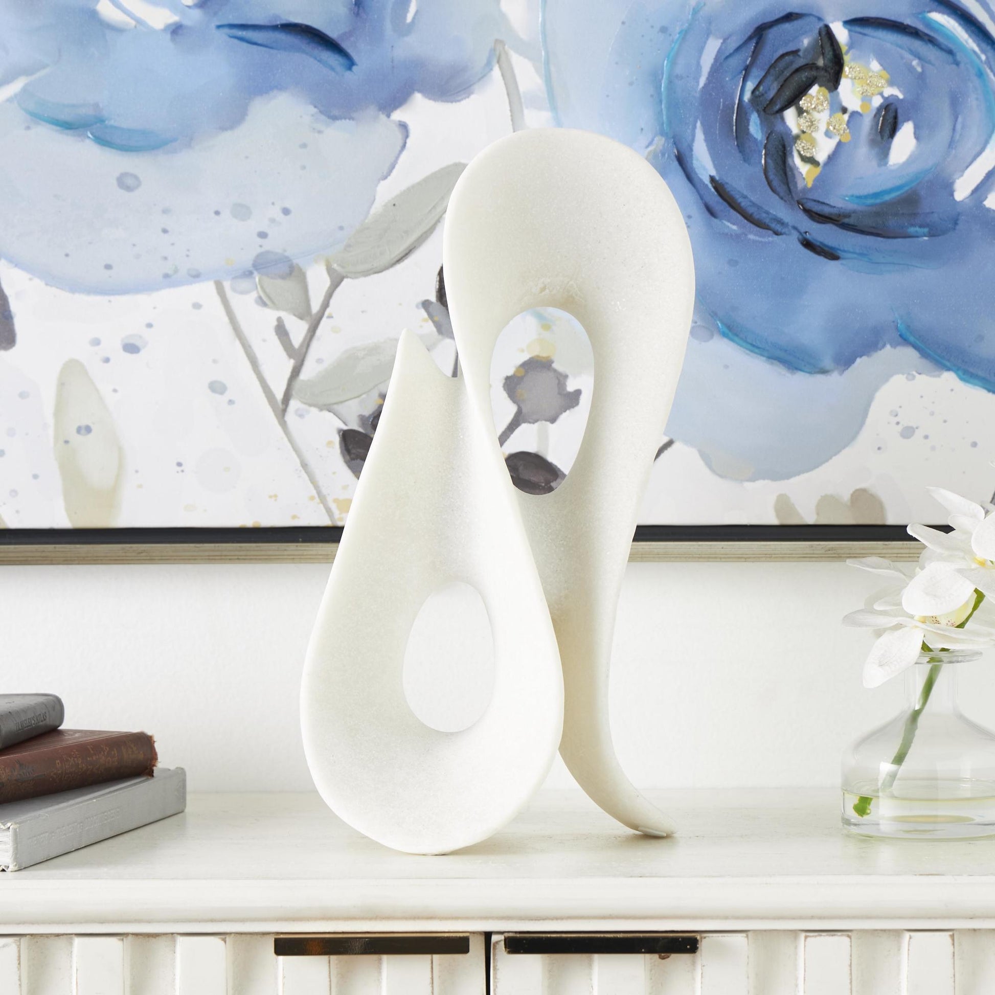 Abstract White Polystone Wavy Shaped Decorative Sculpture with Cutouts and Speckled Texturing