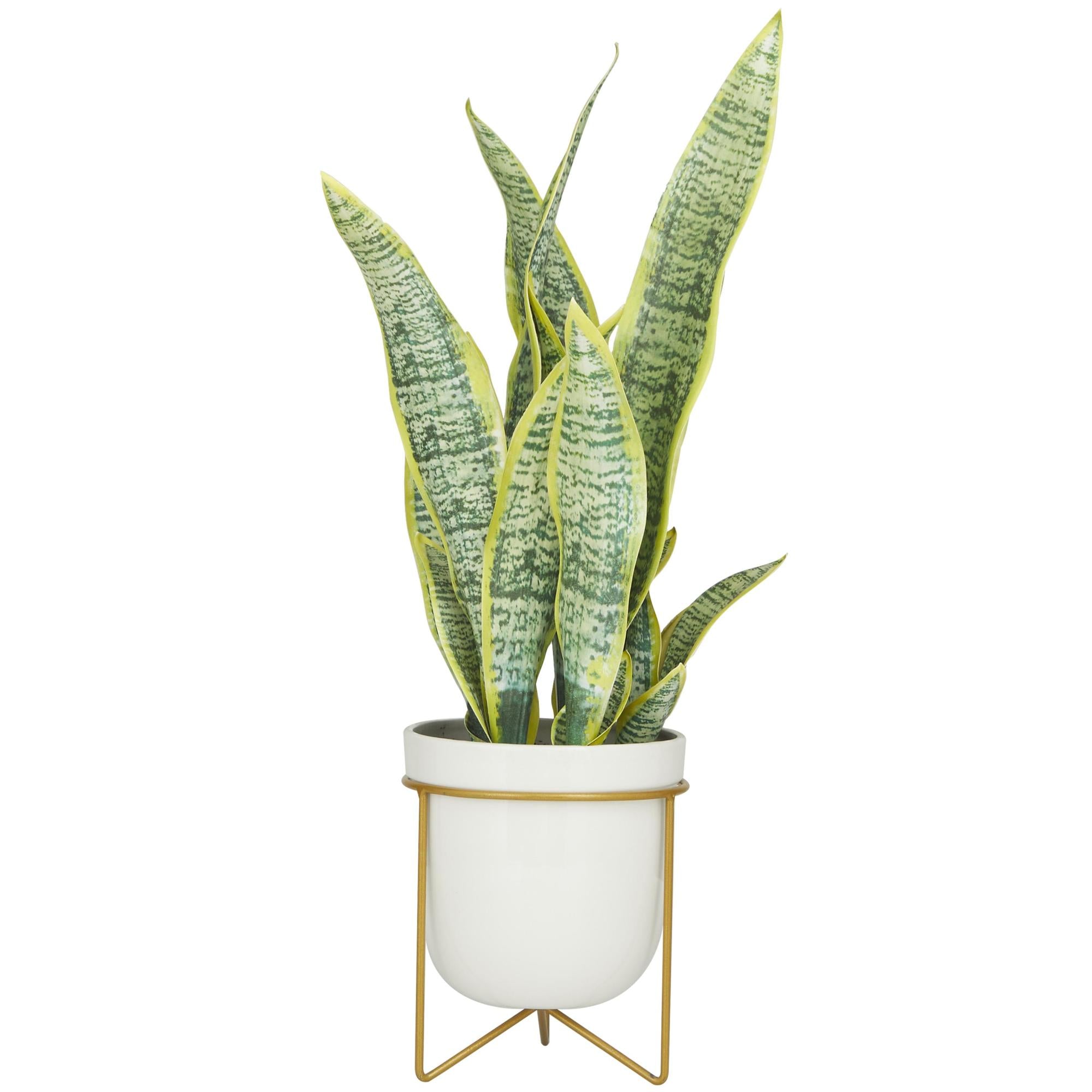 Snake Green Faux Foliage Indoor Outdoor Artificial Plant with White Porcelain Pot and Gold Stand
