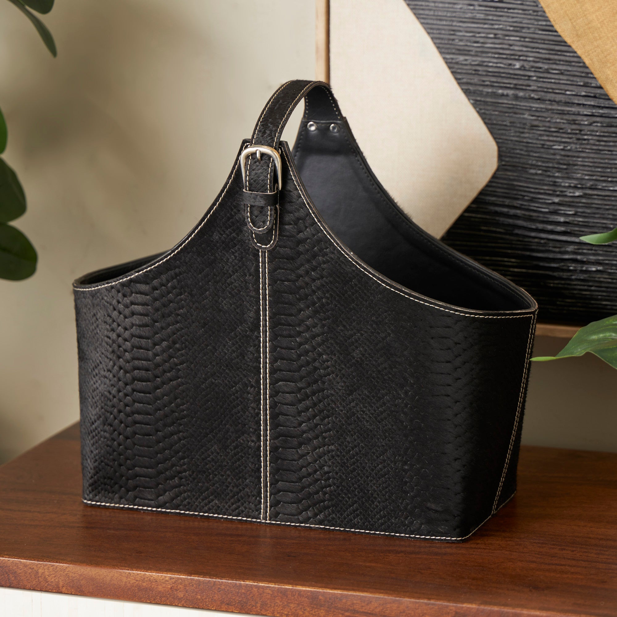 Leather Handmade Box Style Decorative Magazine Holder with Detail Stitching and Curved Buckle Handle