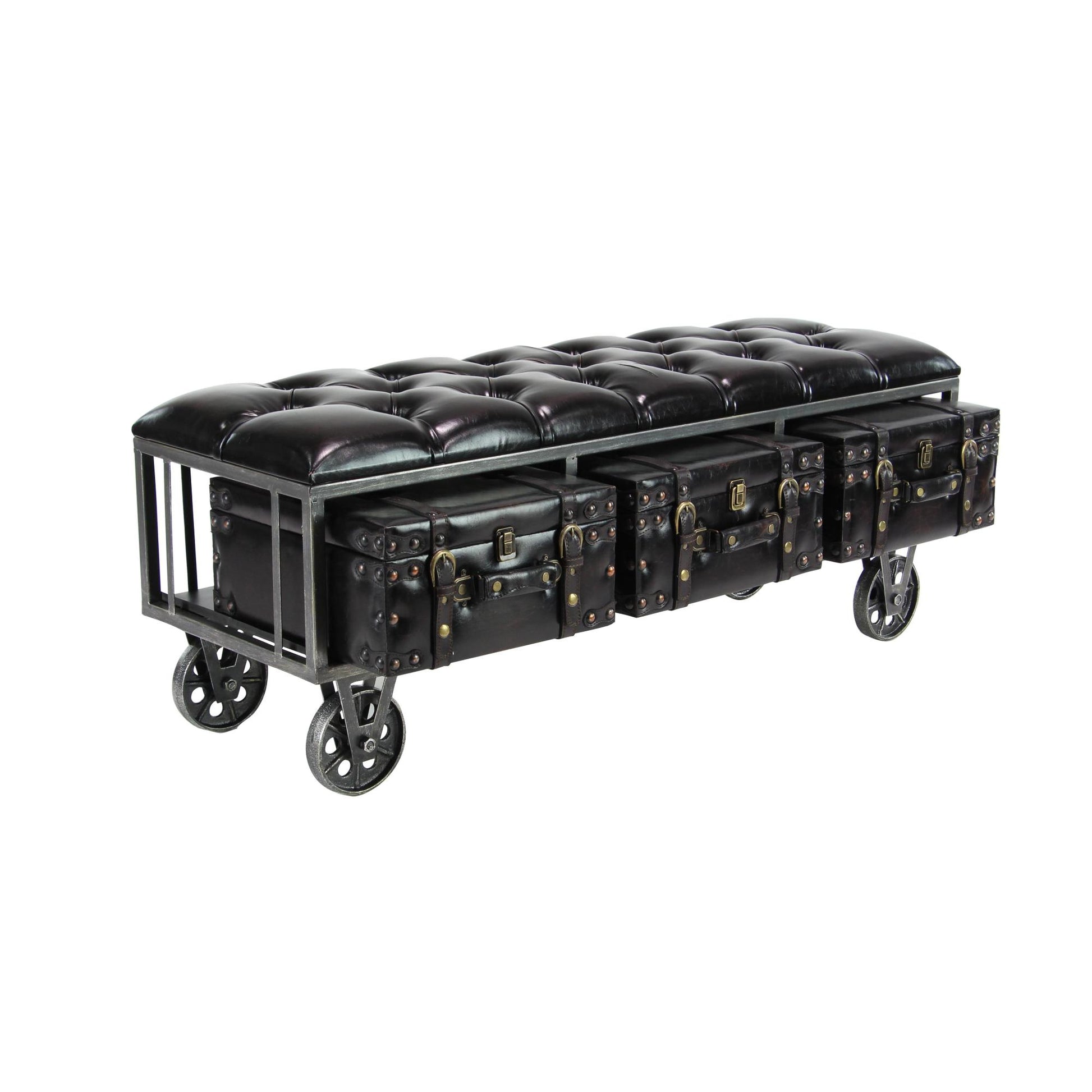 Black Faux Leather Tufted Upholstered 3 Trunk Room Storage Bench with Wheels