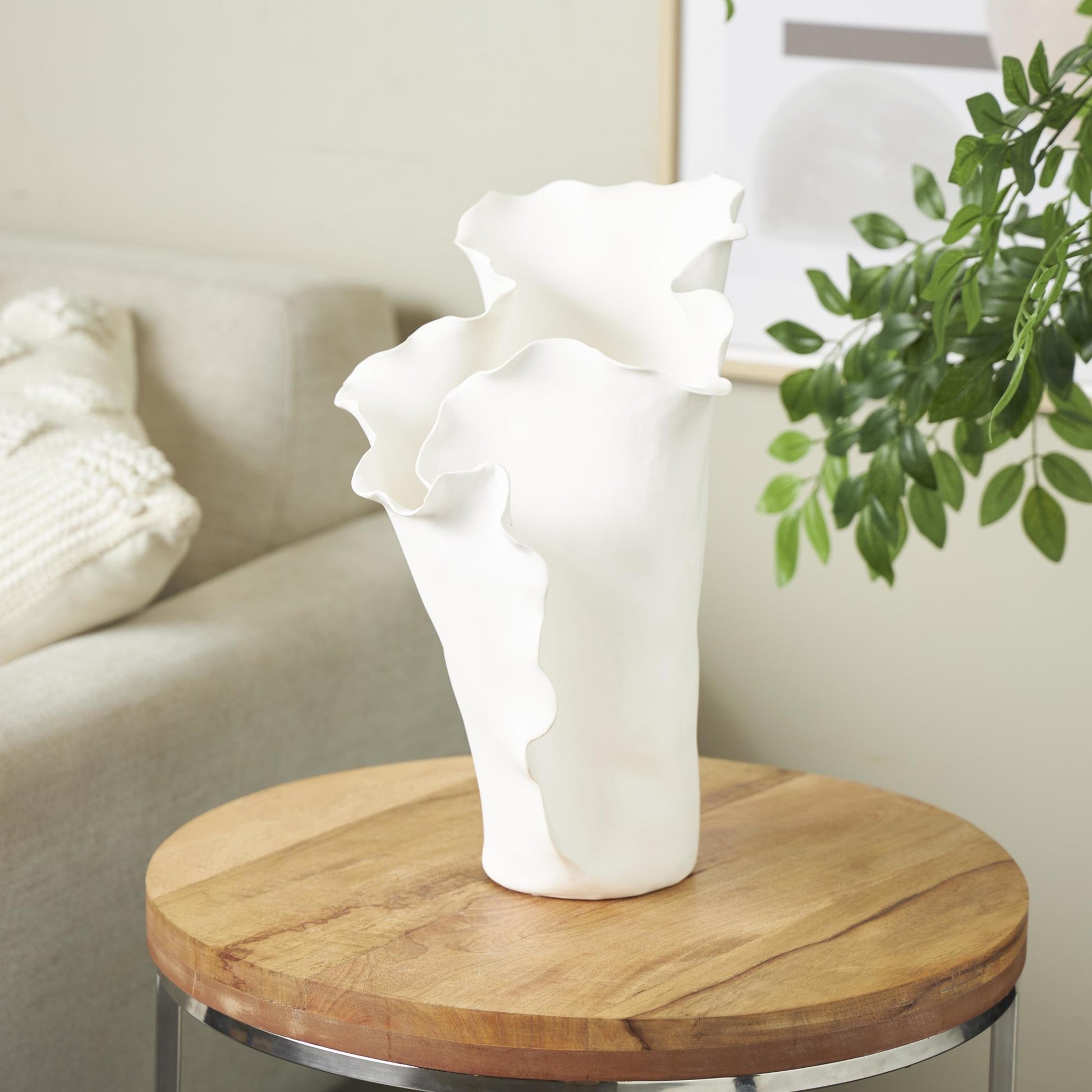 Abstract Ceramic Floral Inspired Decorative Vase with Wavy Folded Rim
