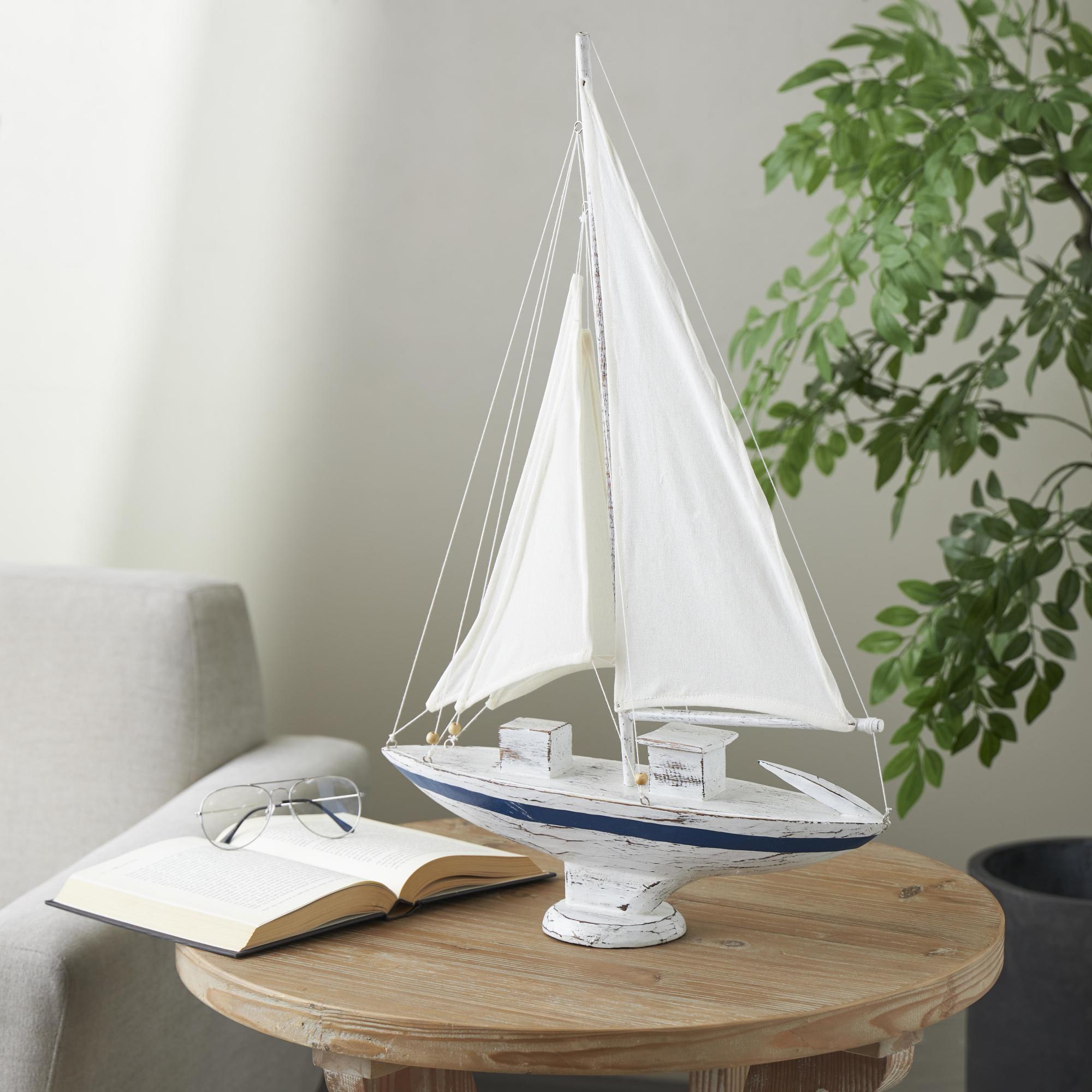 Sail Boat White Wood Distressed Decorative Sculpture with Brown Beaded Accents