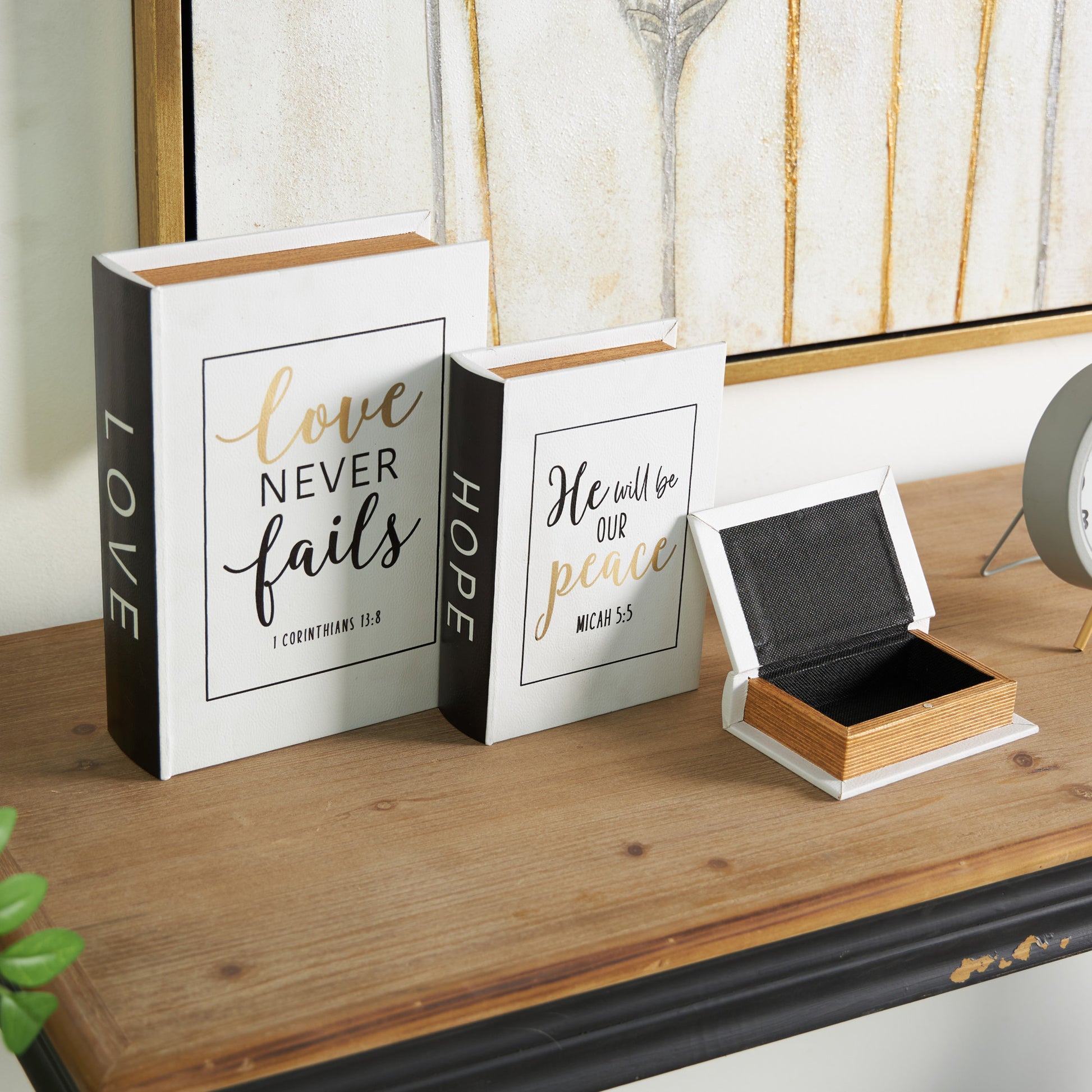 Set of 3 Text White Faux Leather Love, Hope, Faith Faux Book Storage Decorative Box