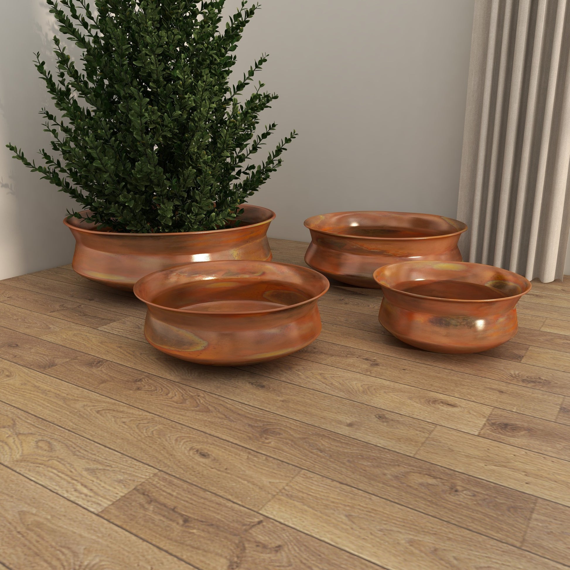 Set of 4 Copper Metal Wide Weathered Low Bowl Indoor Outdoor Planter