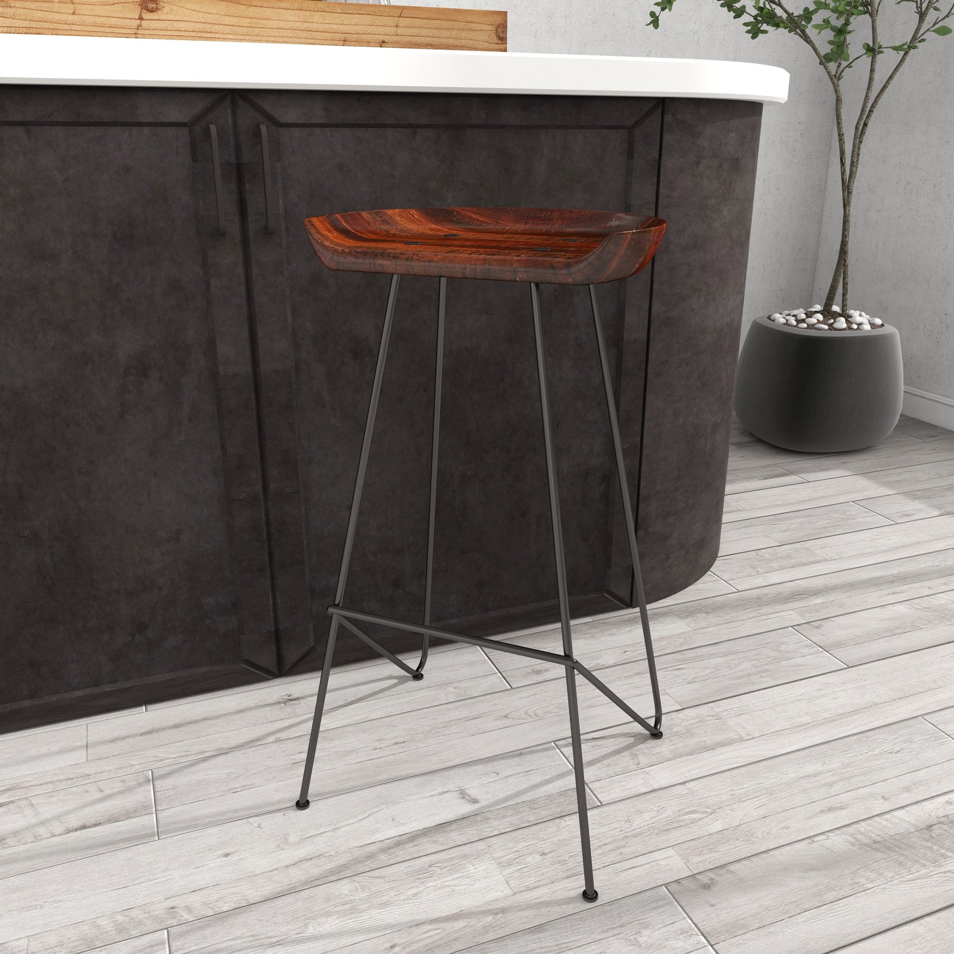 Brown Wood Kitchen Bar Stool with Wood Seat