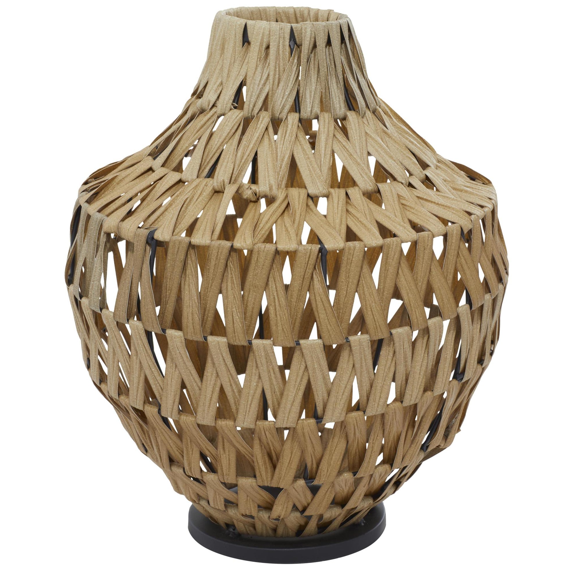 Brown Plastic Rattan Handmade Woven Decorative Vase with Black Metal Base