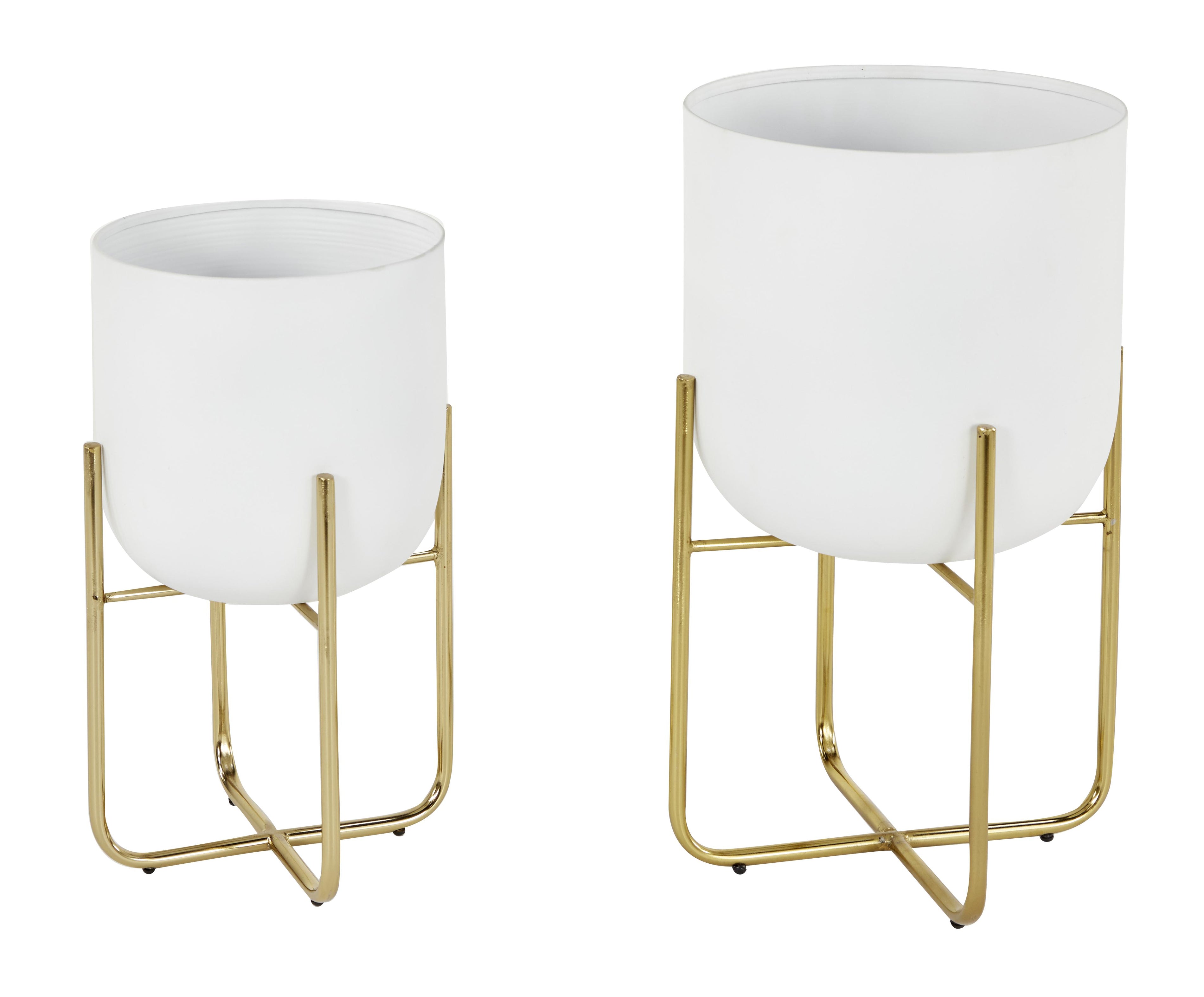 Set of 2 Metal Brushed Dome Indoor Outdoor Planter with Curved X-Shaped Stands
