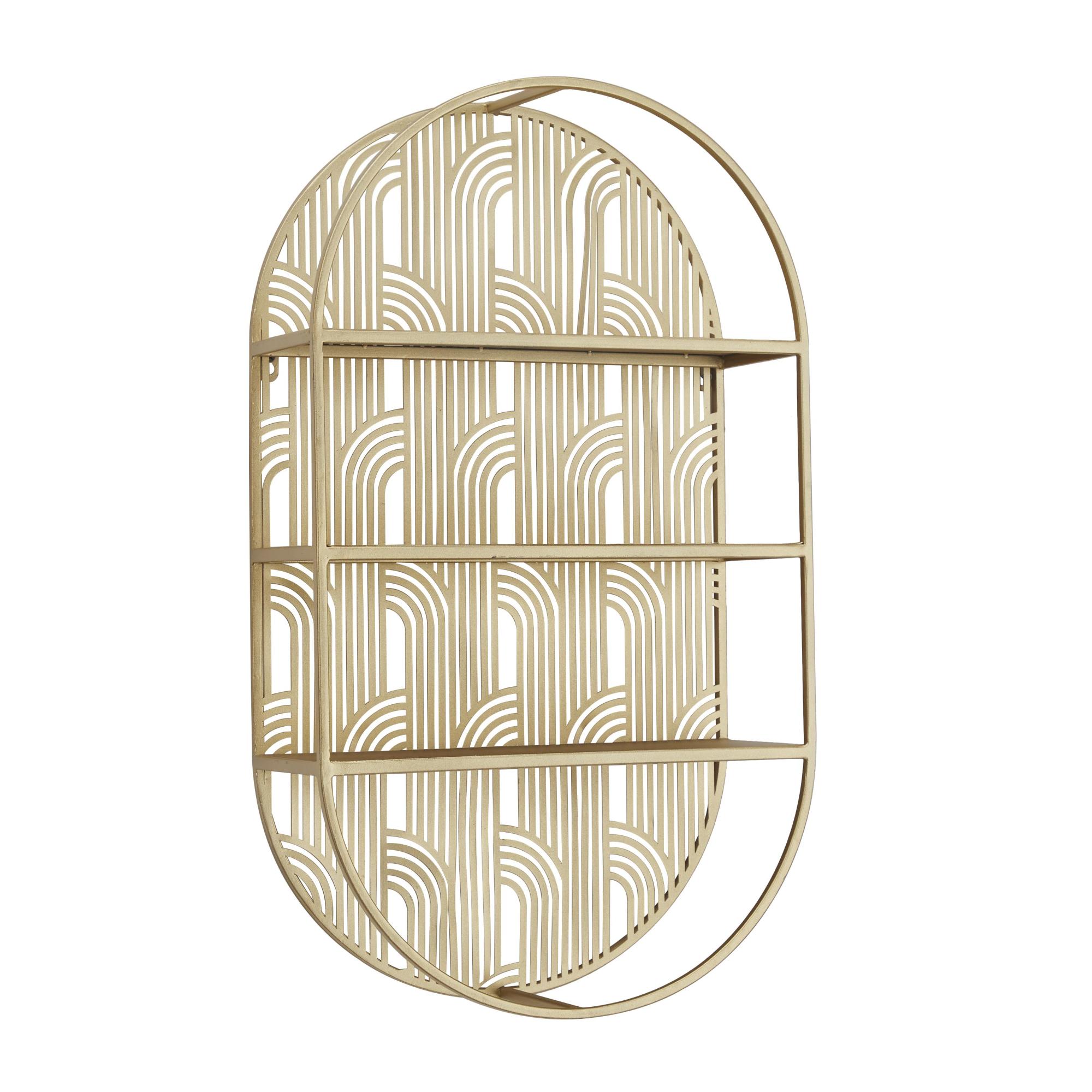 CosmoLiving by Cosmopolitan Geometric Gold Metal Oval 3 Level Room Wall Shelf with Arch Pattern