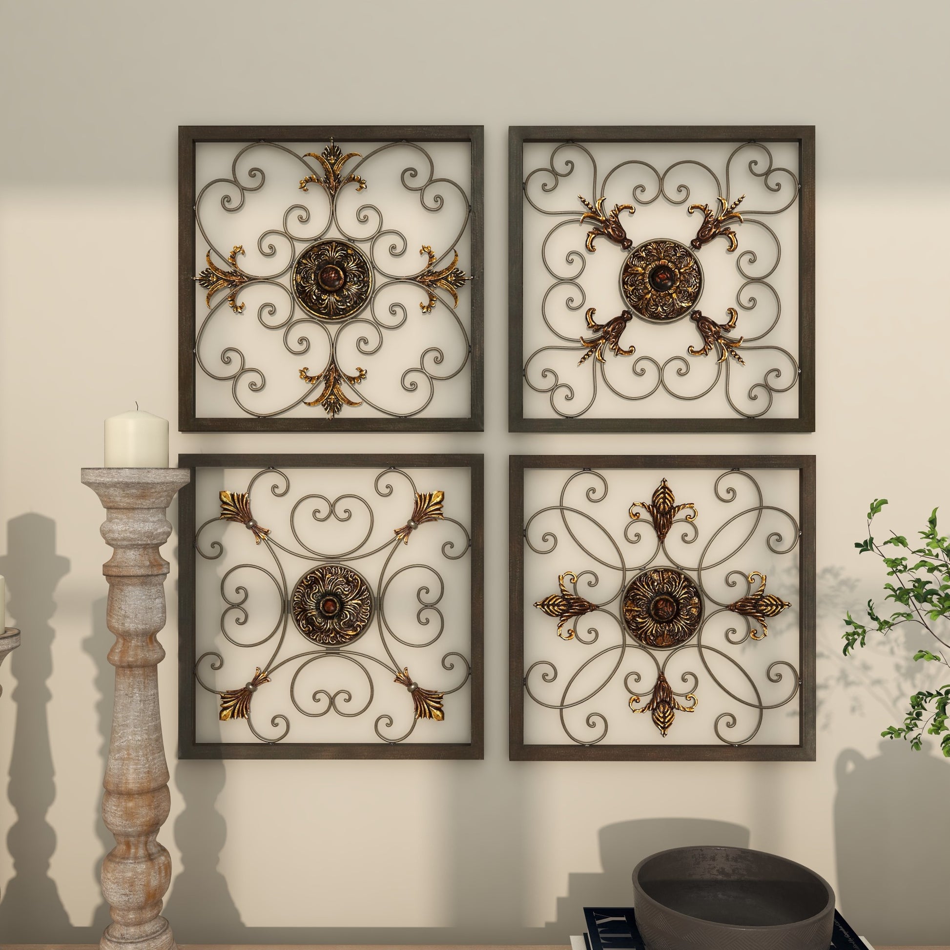 Set of 4 Fleur De Lis Brown Metal Wire Scroll Home Wall Decor with Gold Accents
