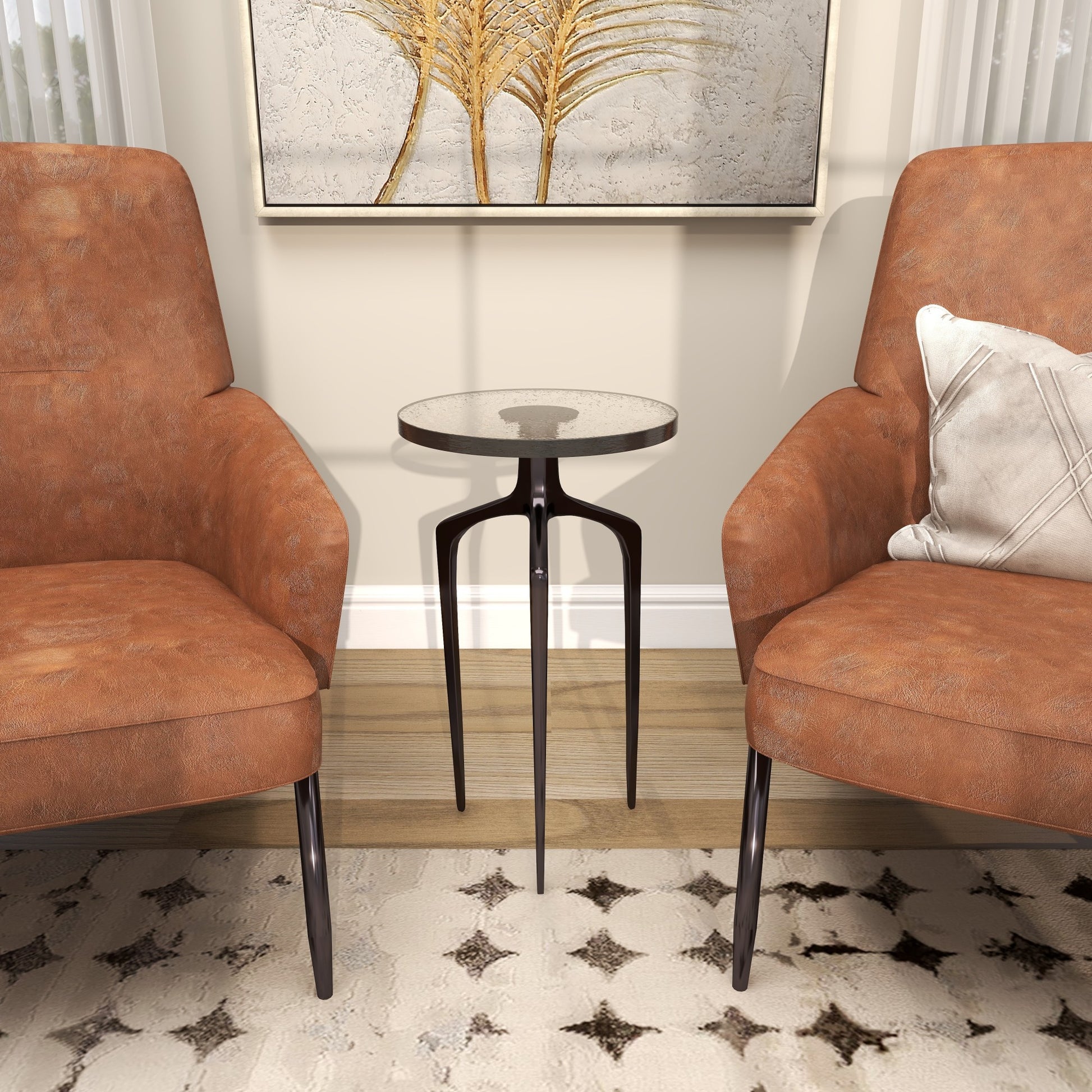 Aluminum Metal Small Tripod Side End Accent Table with Textured Glass Tabletop