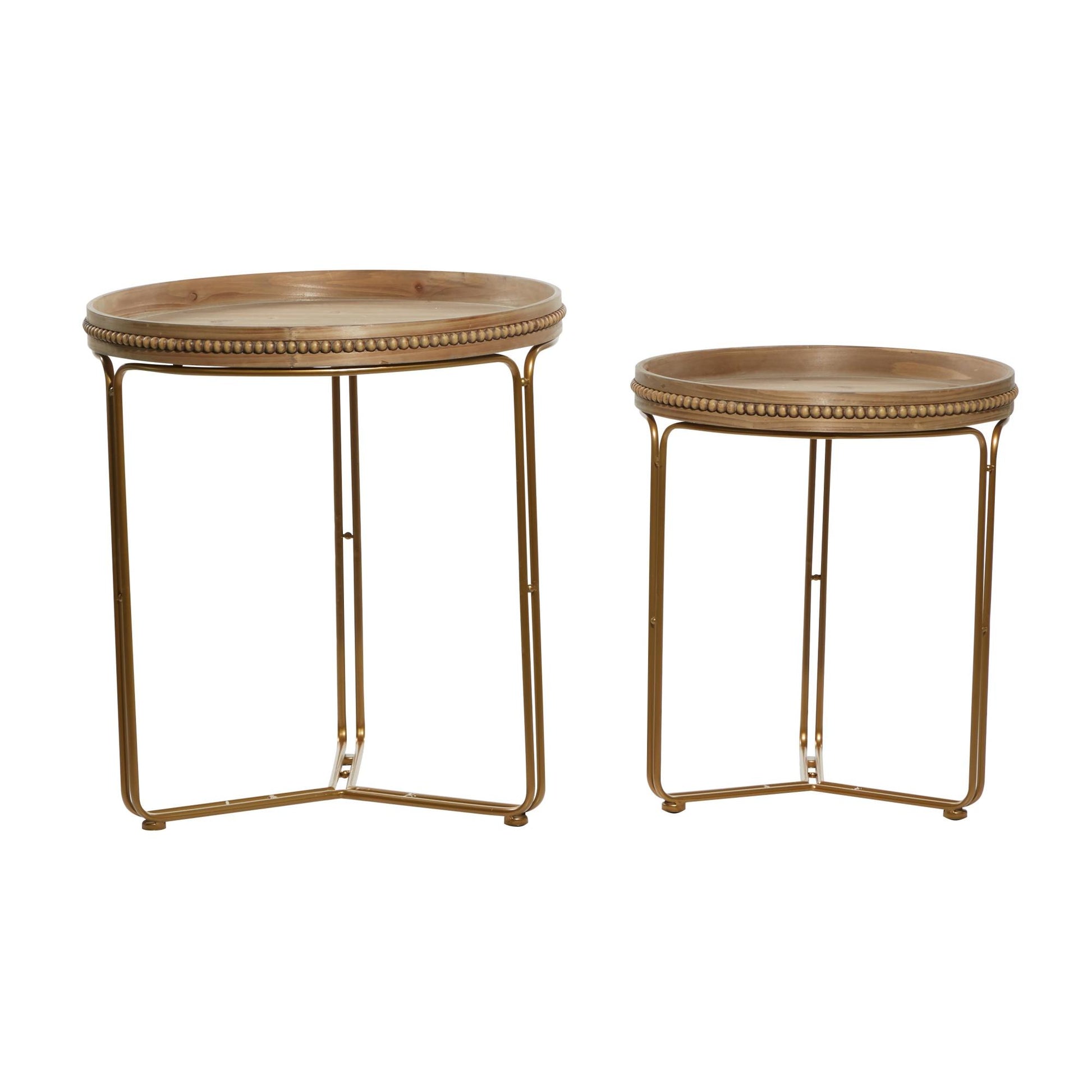 Set of 2 Brown Wooden Round Beaded Nesting Side End Accent Table
