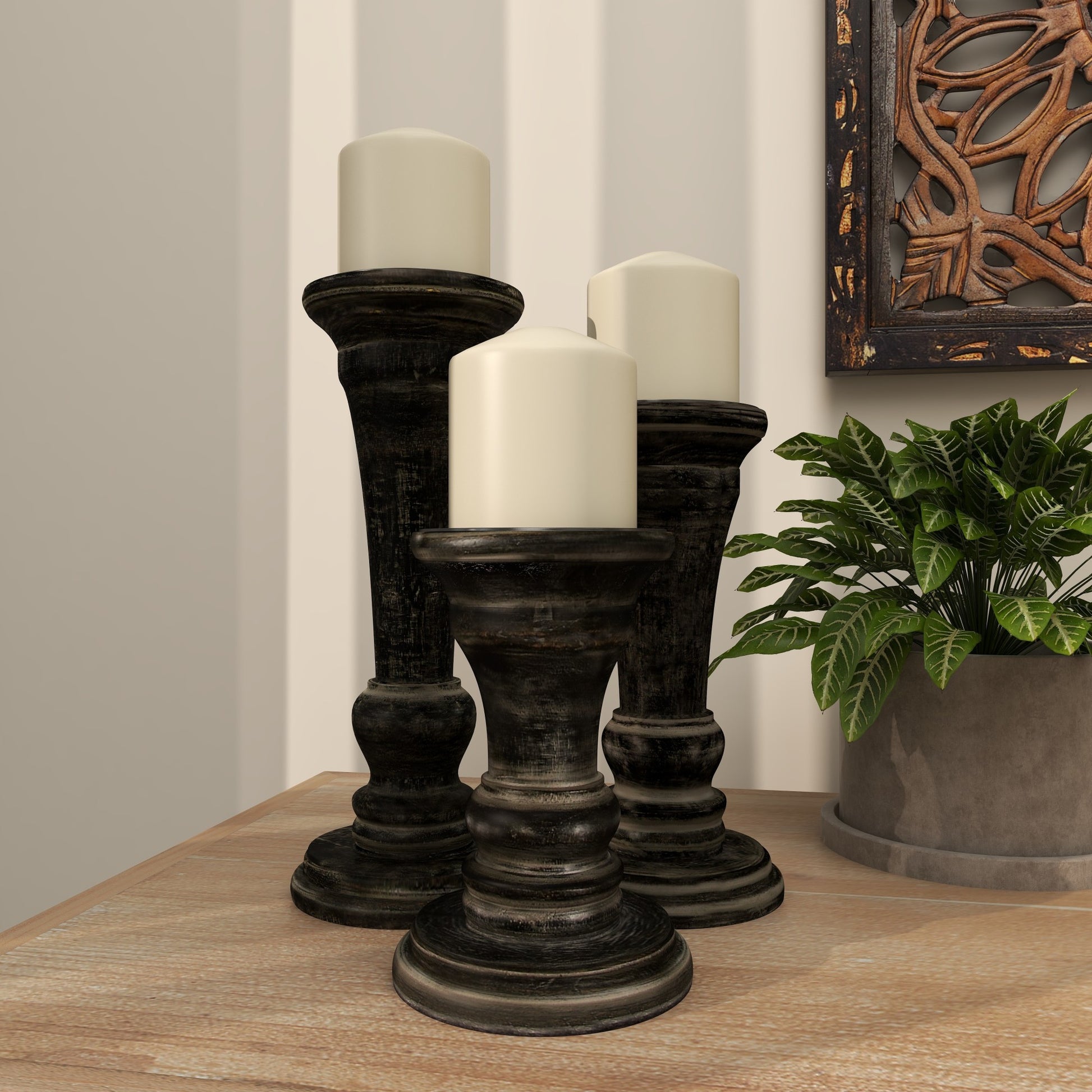 Set of 3 Black Mango Wood Whitewashed Turned Decorative Candle Holder
