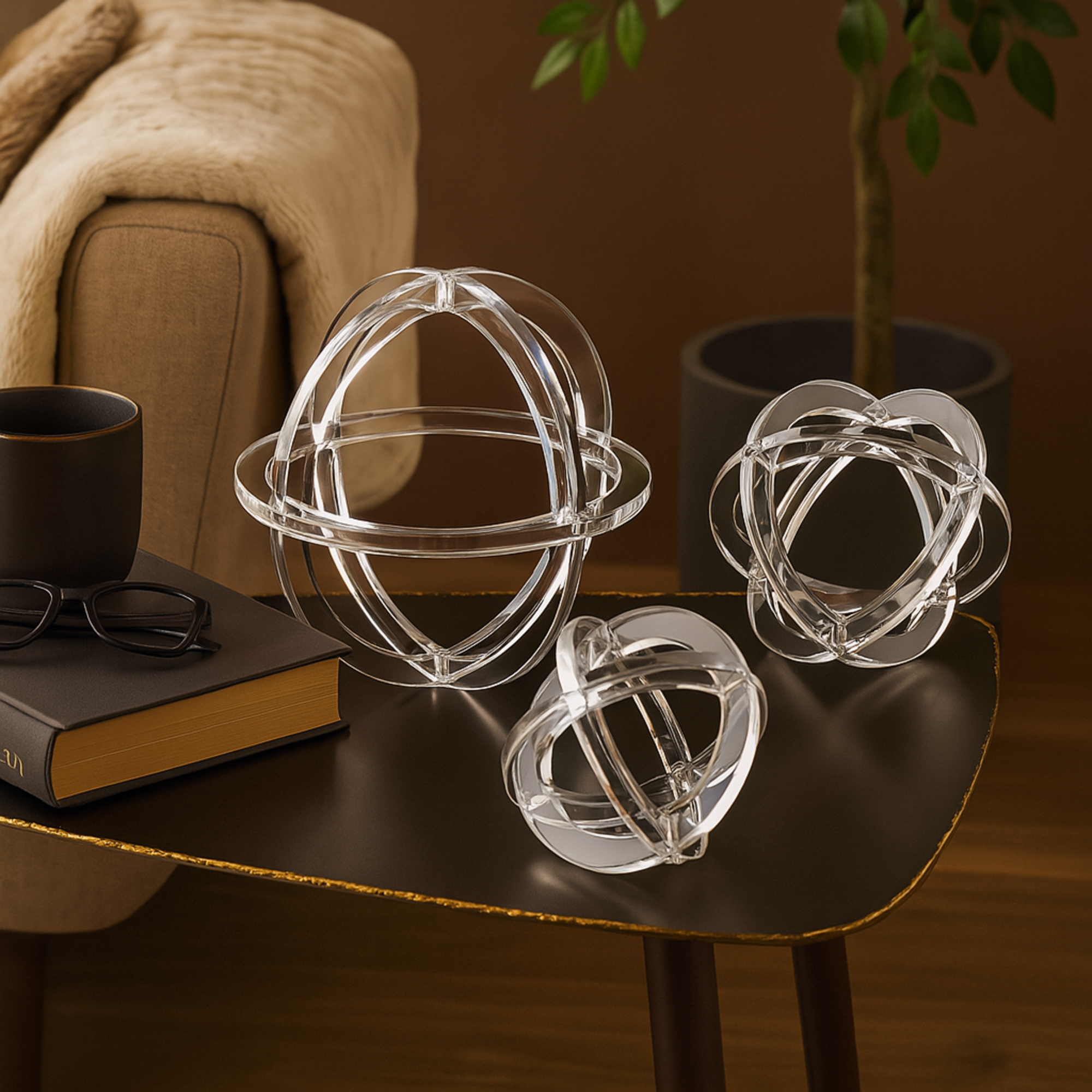 Set of 3 Geometric Clear Acrylic Plastic Delicate Decorative Sculpture