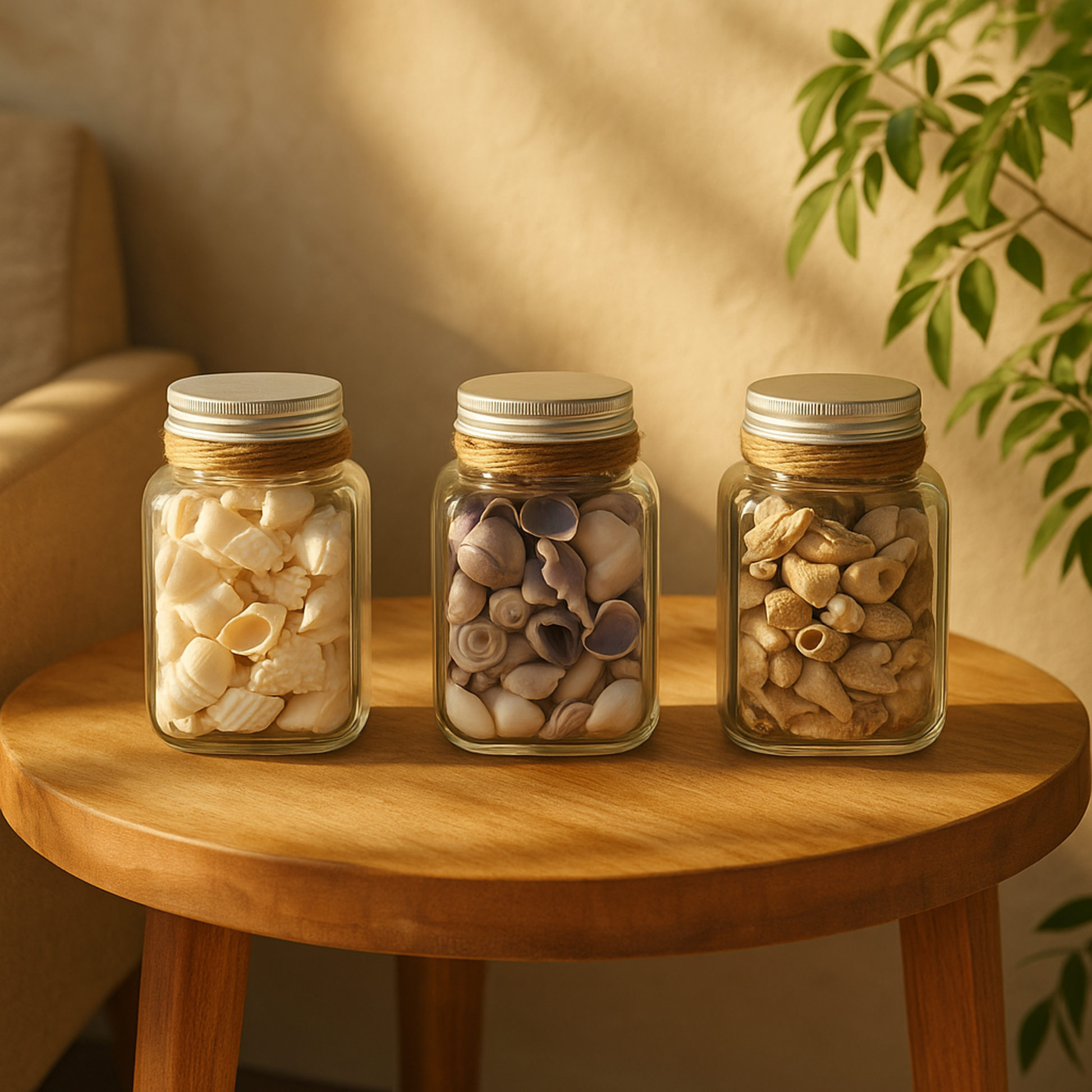 Set of 3 Clear Glass Decorative Orbs & Vase Filler with Seashells and Jute Rope Accents