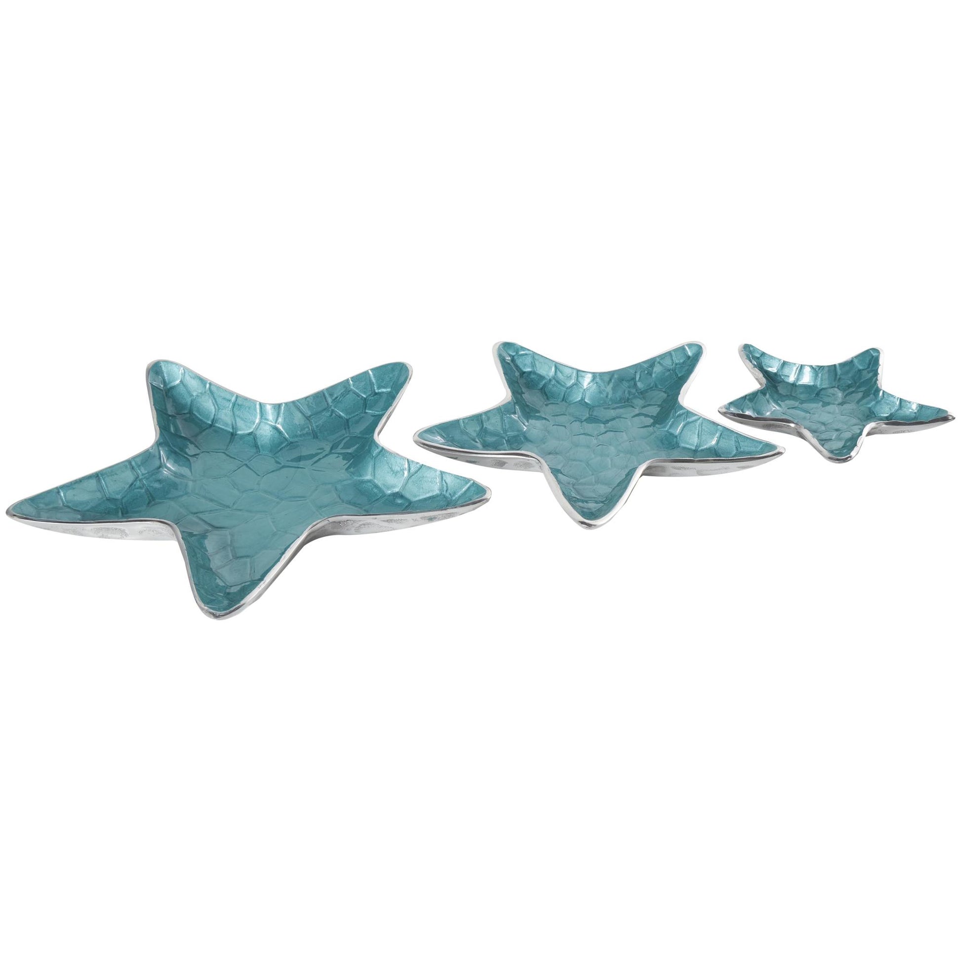 Set of 3 Starfish Aluminum Metal Handmade Textured Enameled Large Decorative Bowl with Silver Base