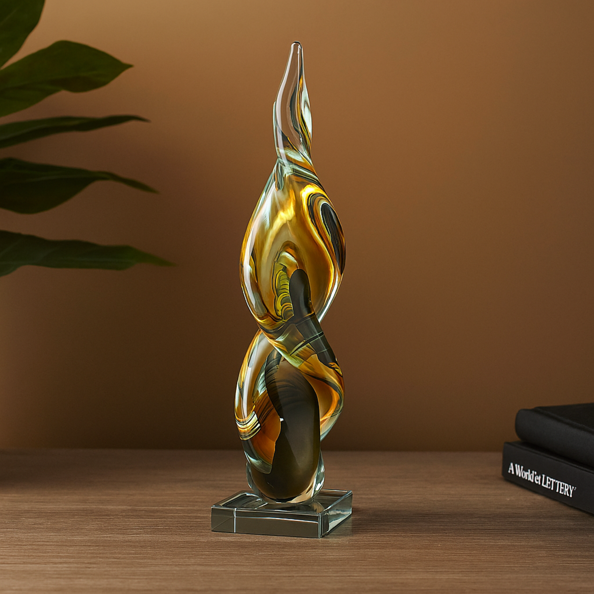 Abstract Clear Glass Twisted Decorative Sculpture with Green Accents