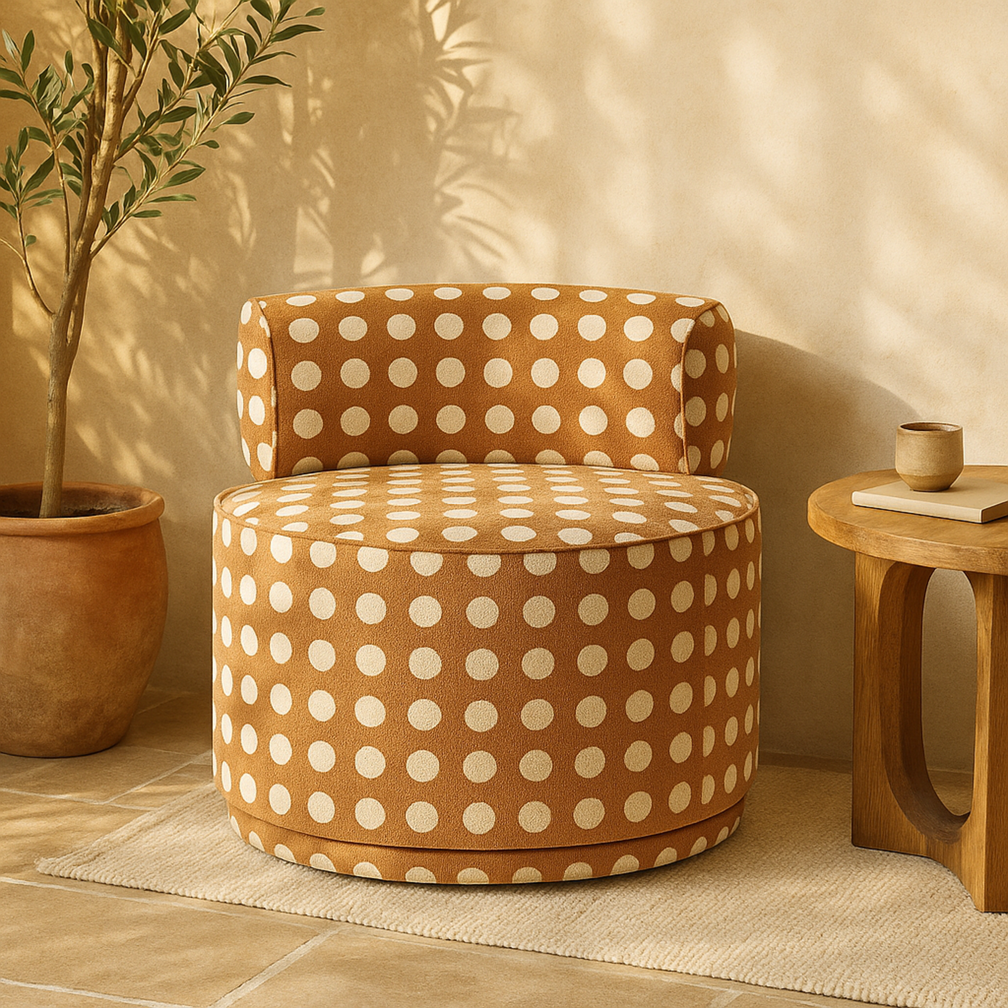 Brown Polyester Round Swivel Boucle Living Room Accent Chair with White Spots