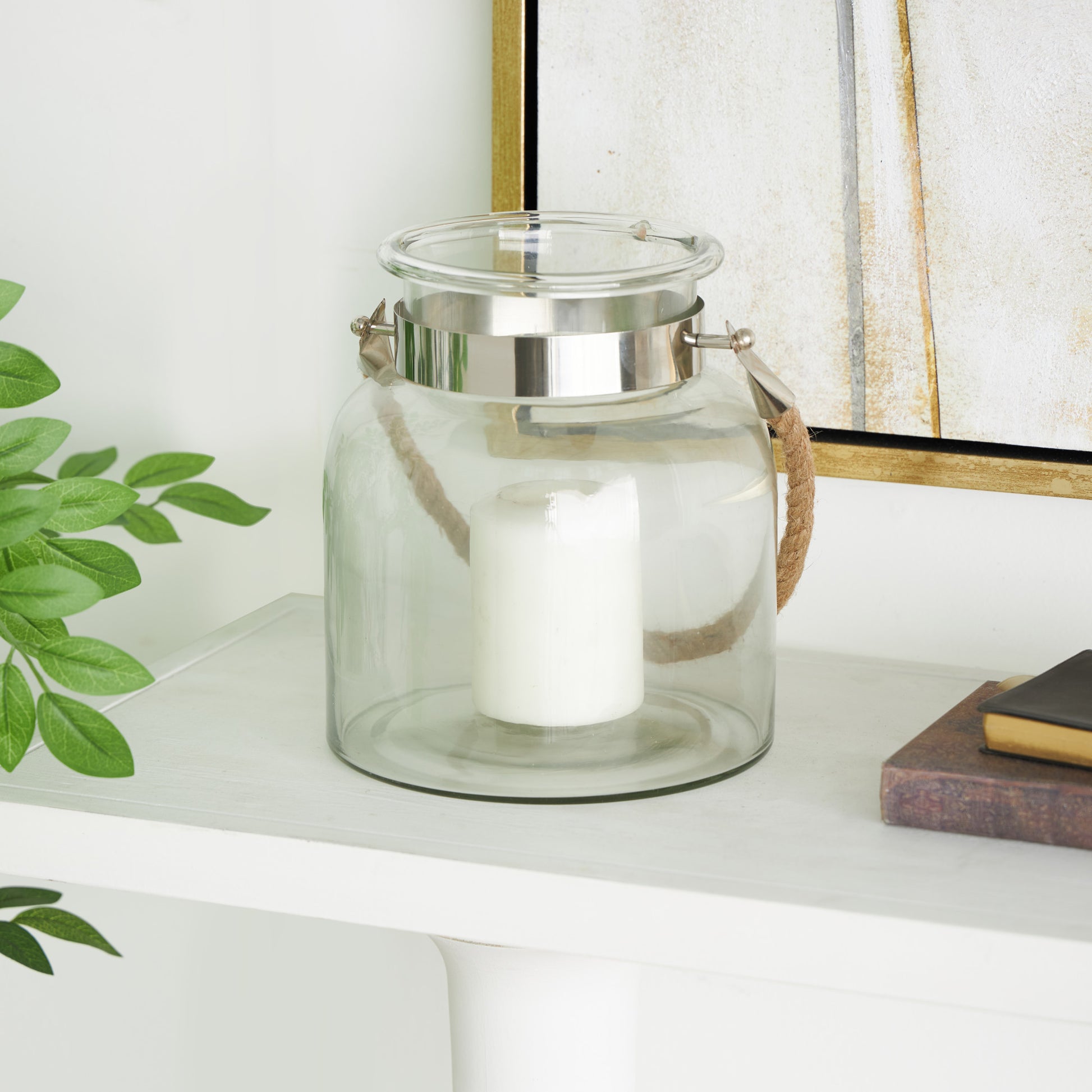 Clear Glass Handmade Decorative Indoor Outdoor Candle Lantern with Rope Handle