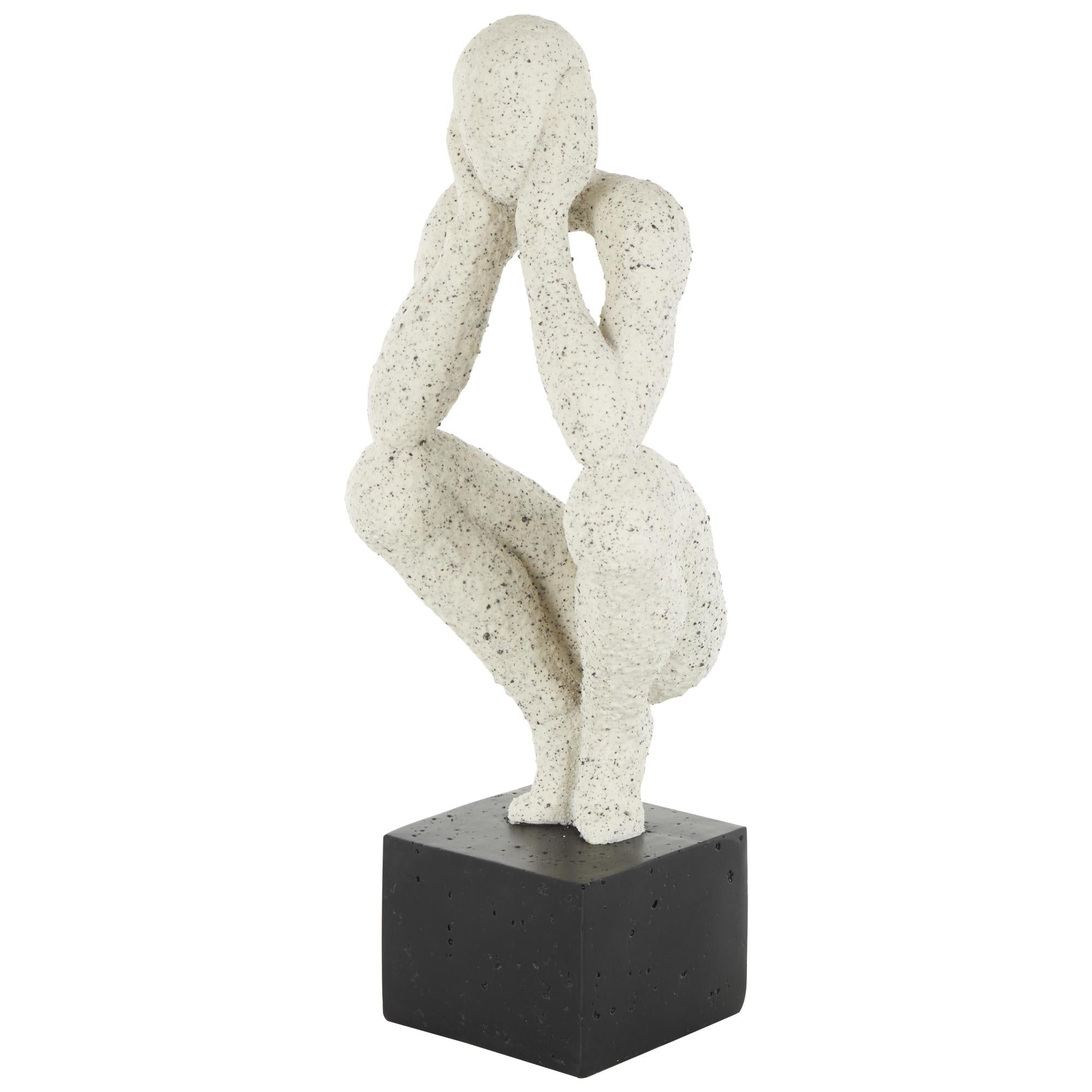 People Cream Polystone Crouching Decorative Sculpture with Black Square Base