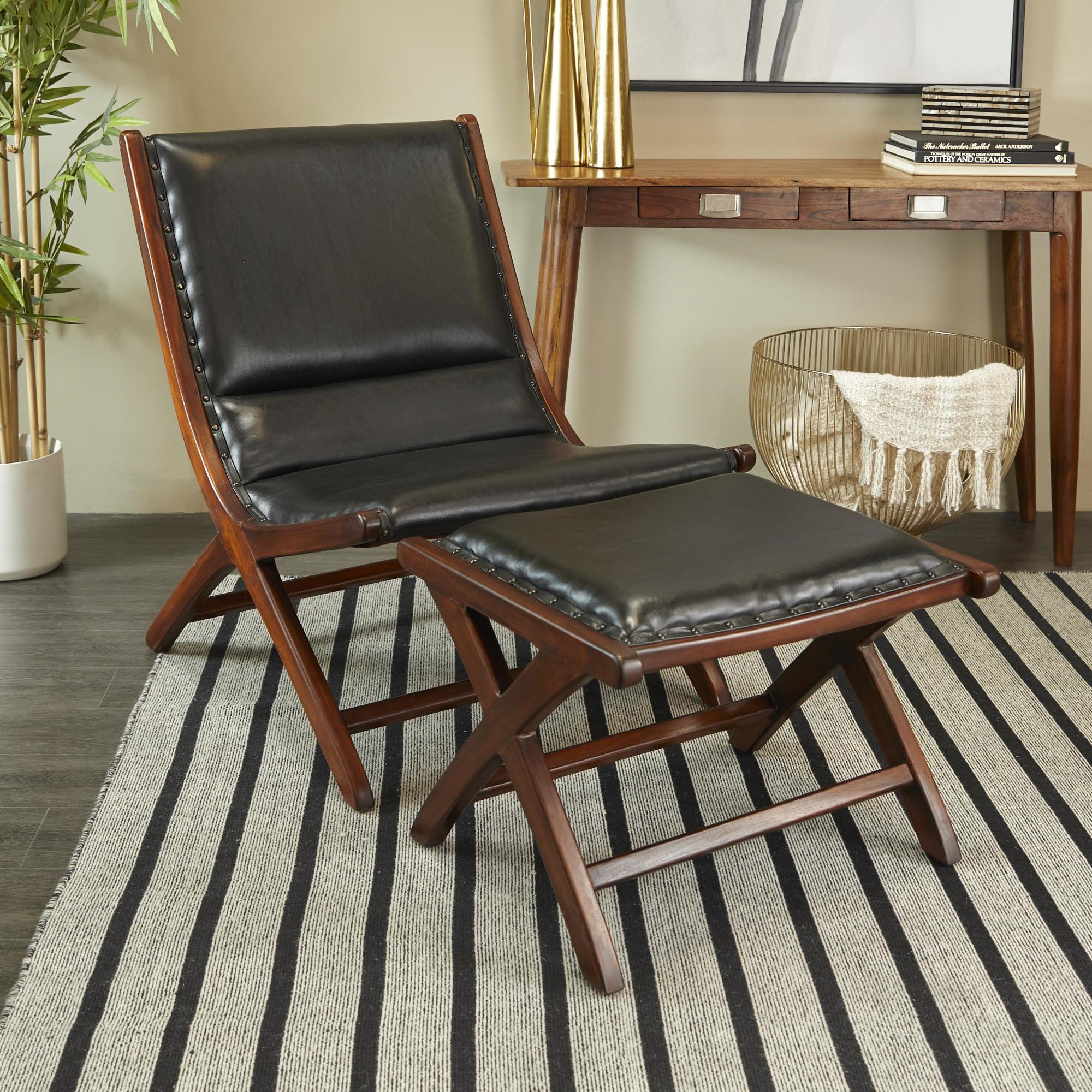 Teak Wood Handmade Upholstered Leather Room Accent Chair with Ottoman