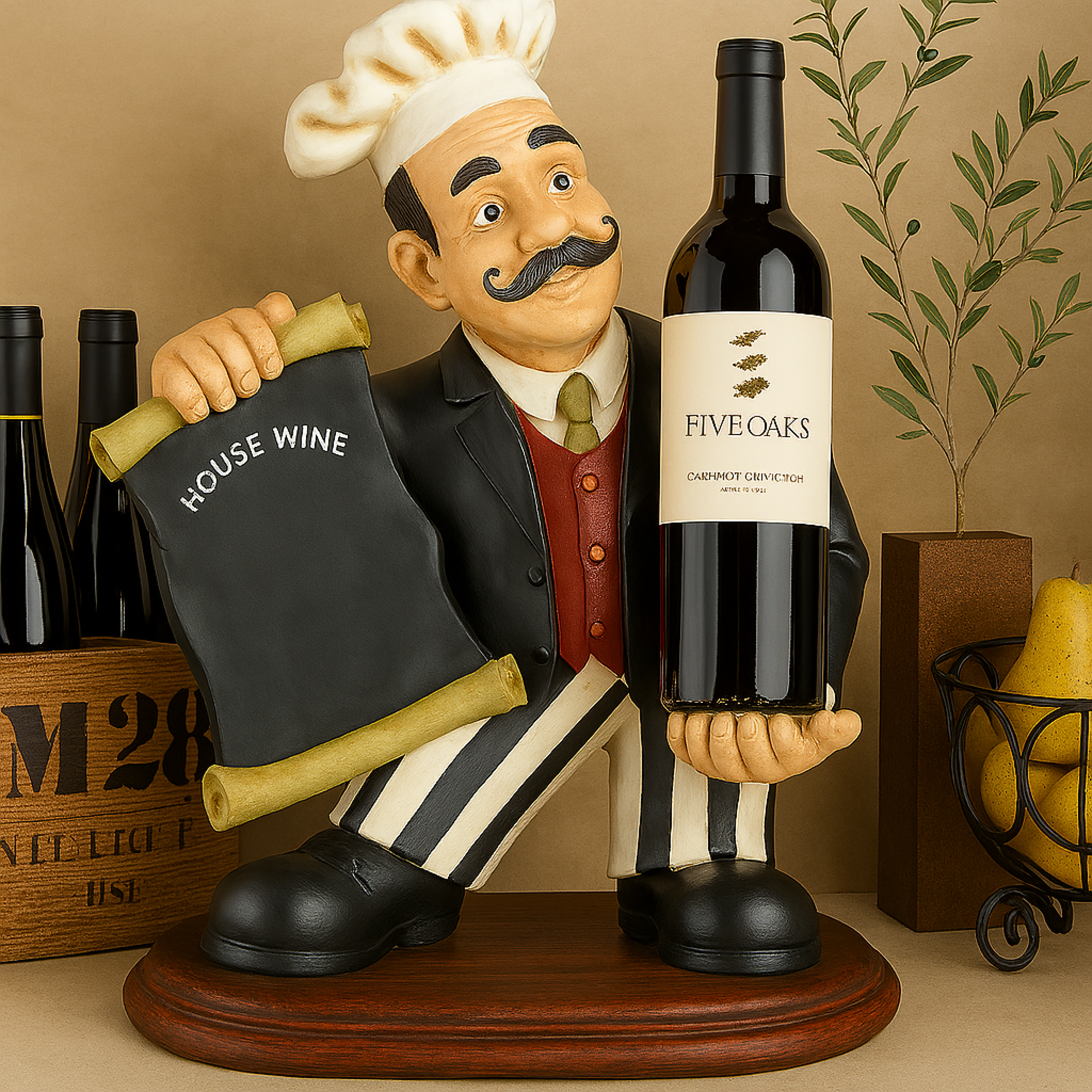 Chef Black Polystone Decorative Sculpture with Chalkboard and Wine Holder Slot