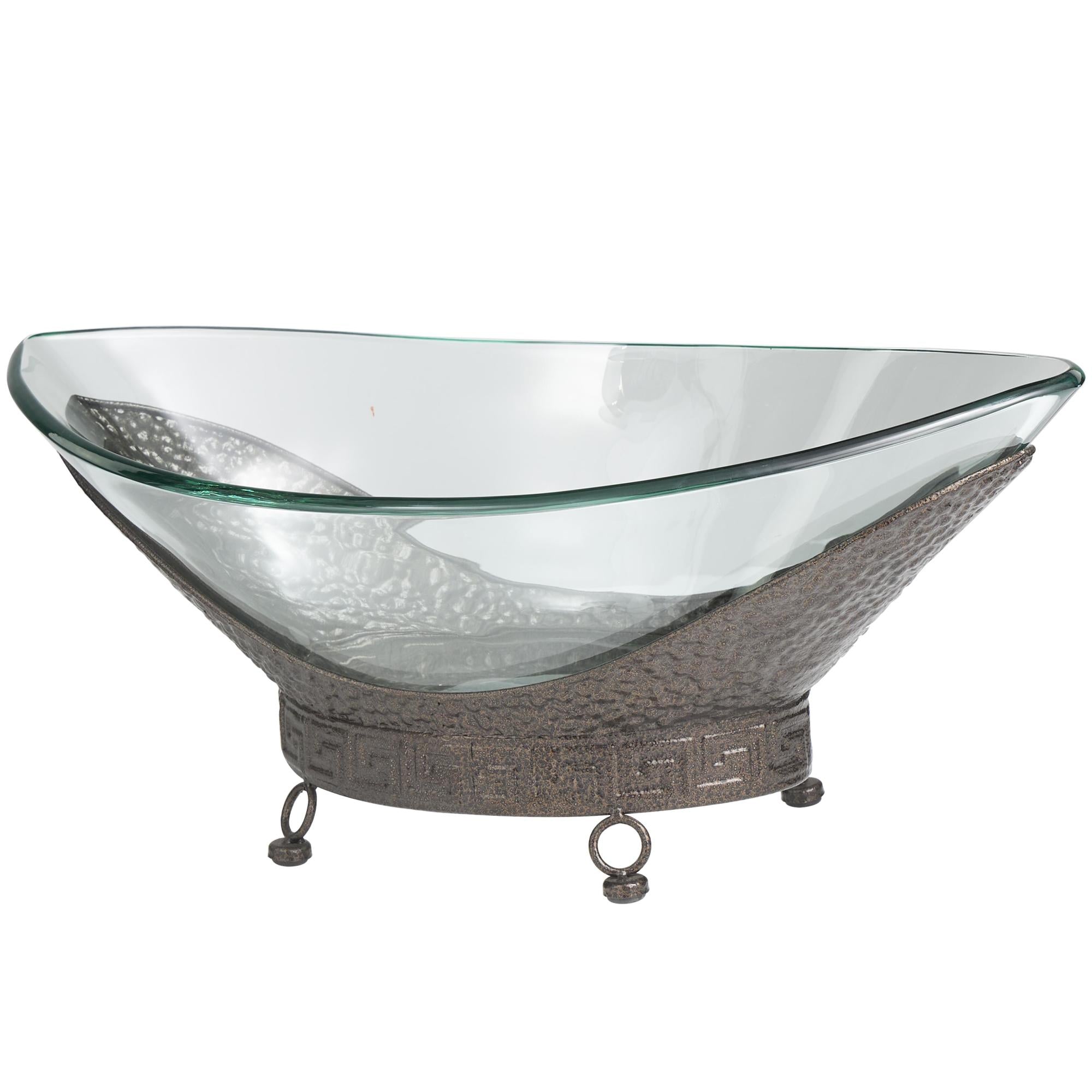 Kitchen Clear Tempered Glass Decorative Serving Bowl with Brown Metal Base