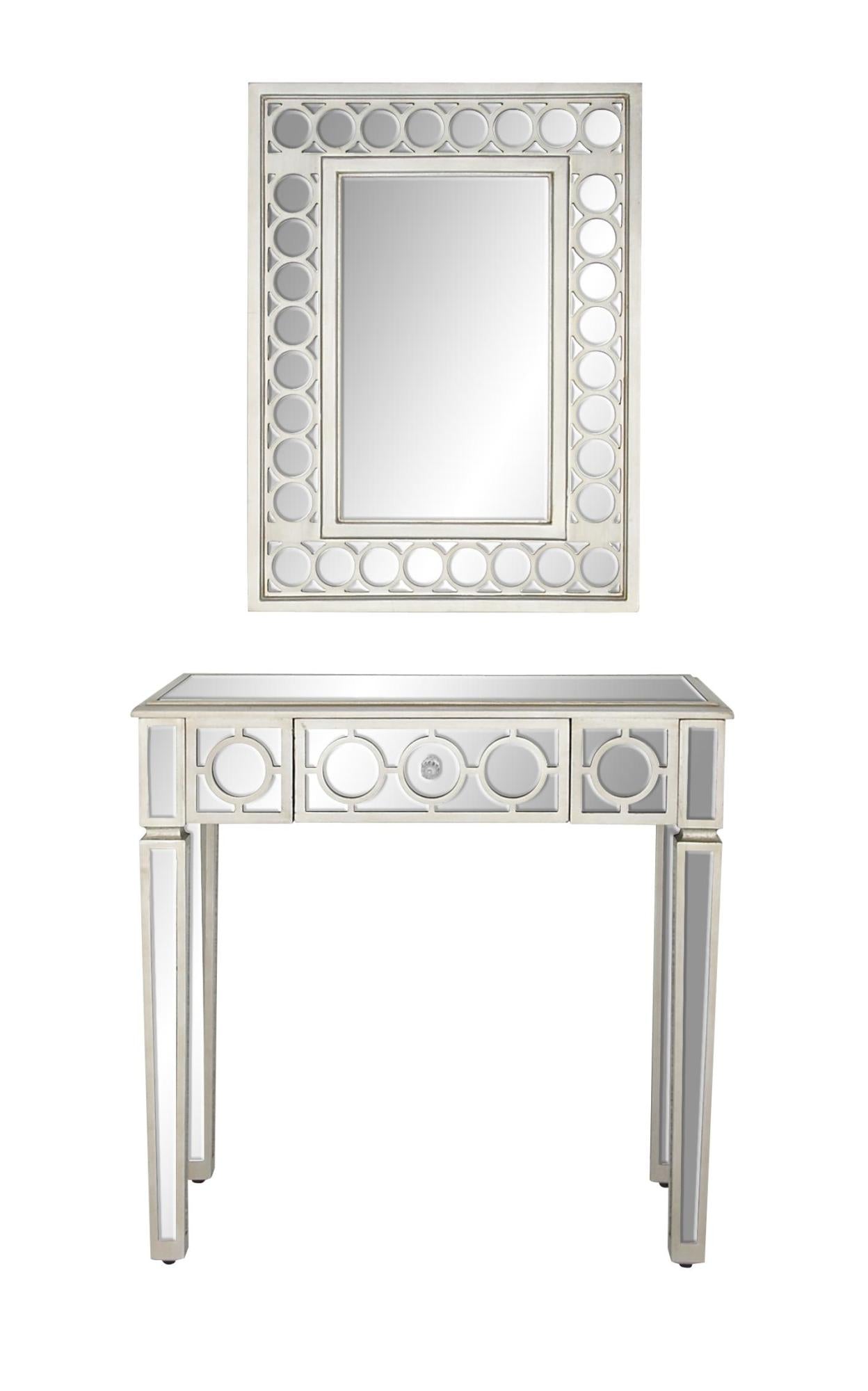 Set of 2 Geometric Silver Glass Mirrored Single Drawer Living Room Console Table with Mirror