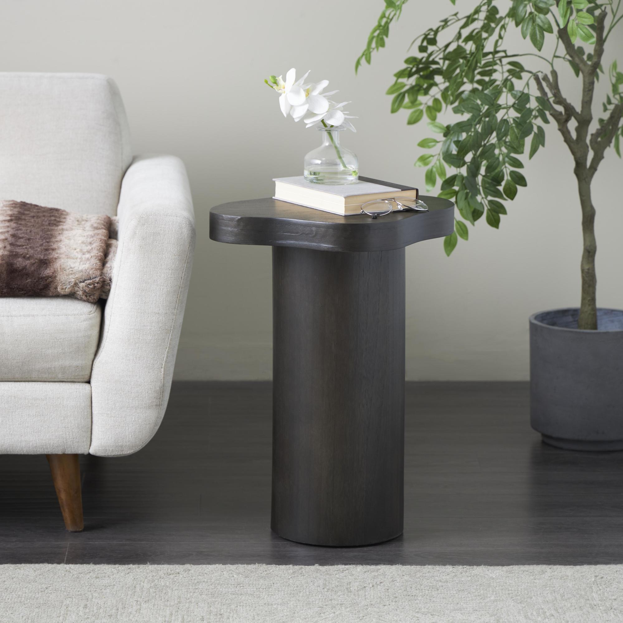 Wood Pedestal Side End Accent Table with Rounded Square Top