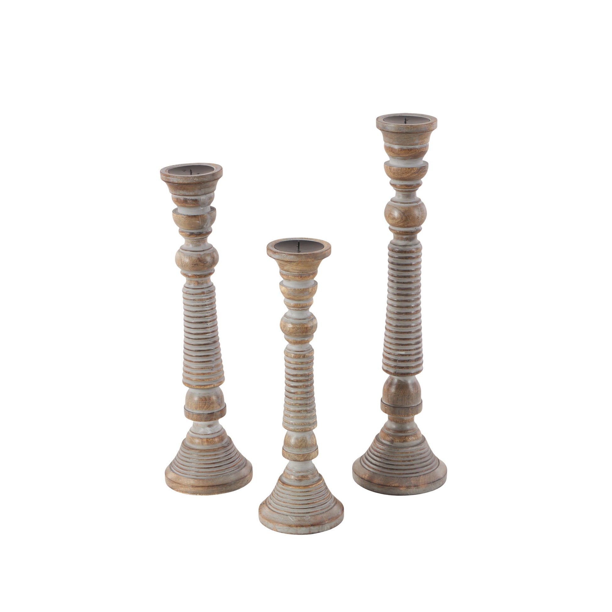 Set of 3 Light Gray Mango Wood Handmade Decorative Candle Holder