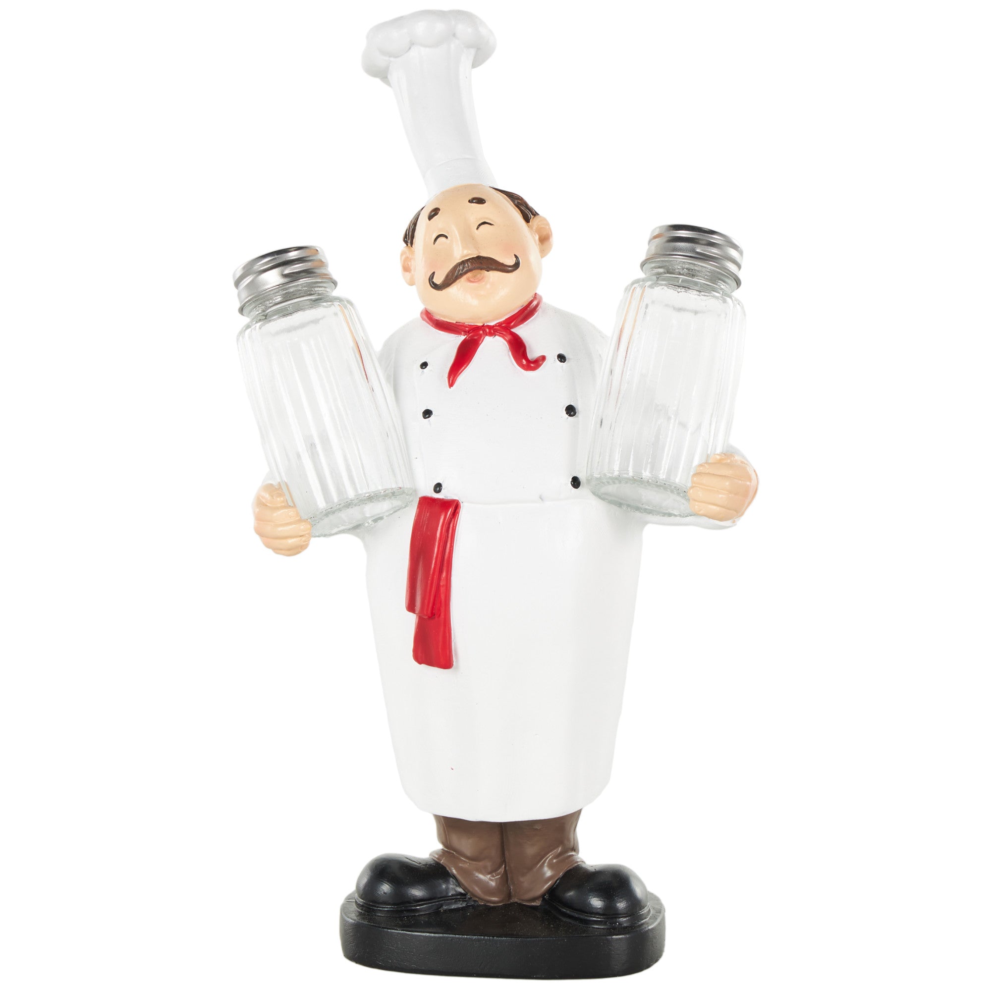 Chef White Polystone Kitchen Decorative Figurine Decorative Salt and Pepper Shaker Holder with Red Accents