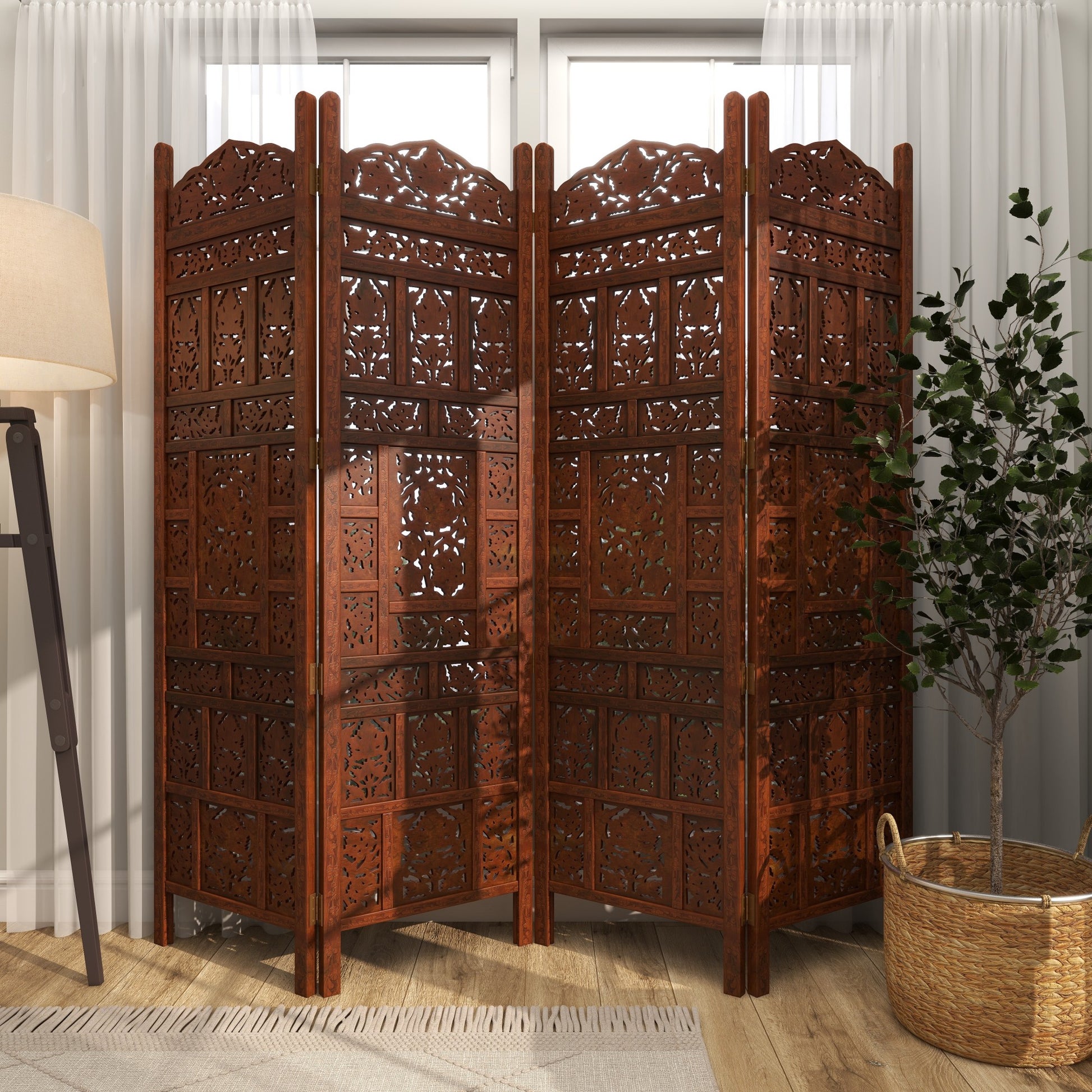 Floral Red Wood Handmade Carved Foldable Partition 4 Panel Partition Room Divider Screen
