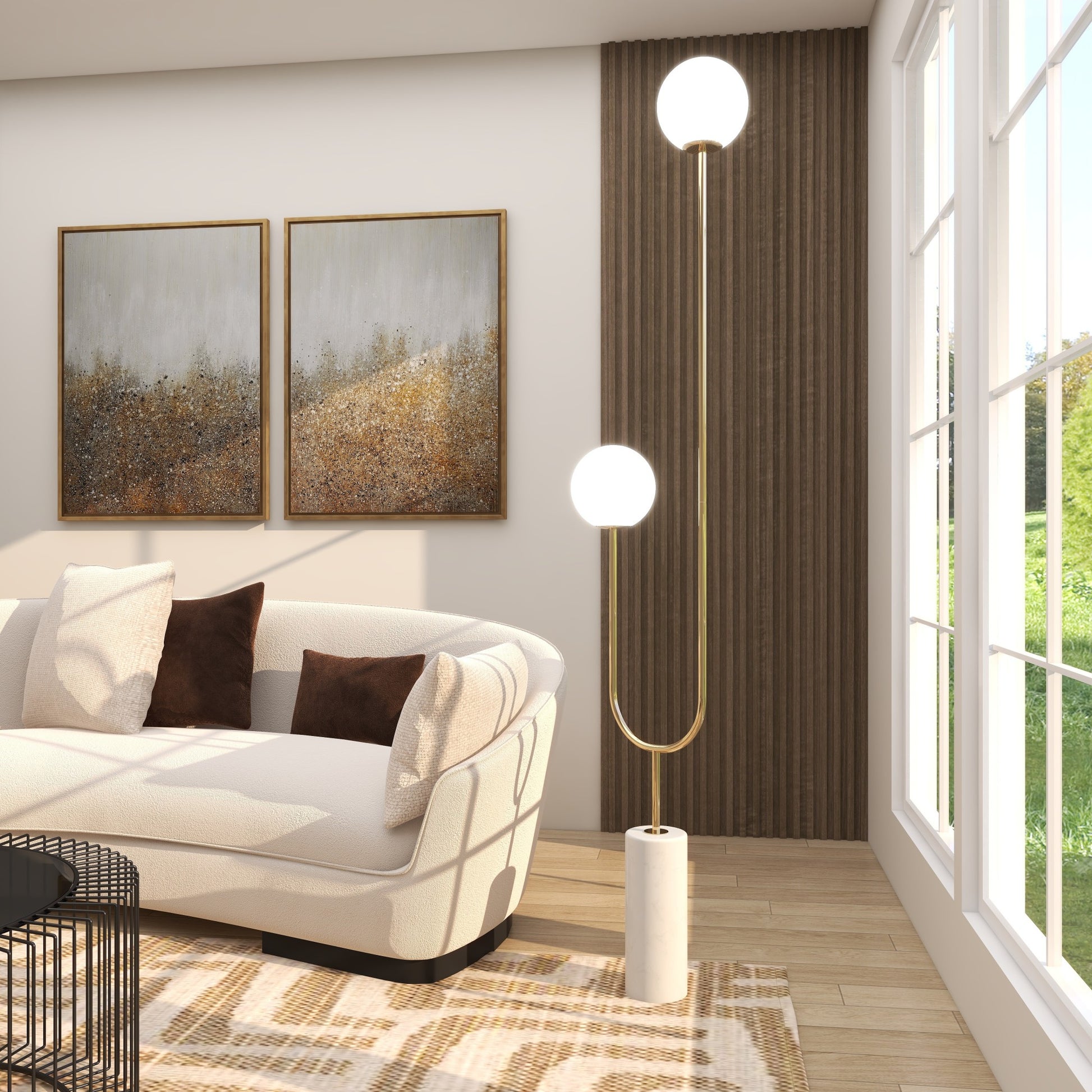 Metal Curved Orb 2 Light Room Floor Lamp with White Glass Shades and Marble Base 16" x 7" x 73"