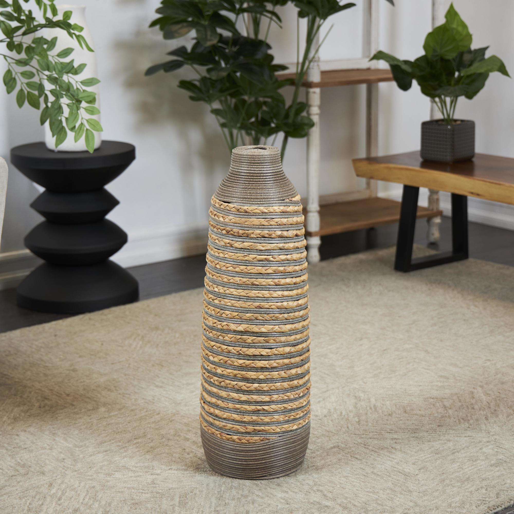 Brown Seagrass Handmade Braided Decorative Vase with Layered Gray Paneling