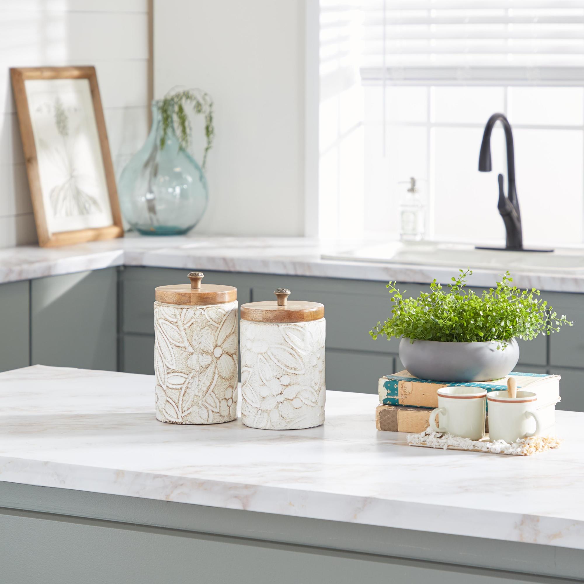 Set of 2 Floral White Ceramic Handmade Intricately Carved Living Room Decorative Jars with Wood Lids