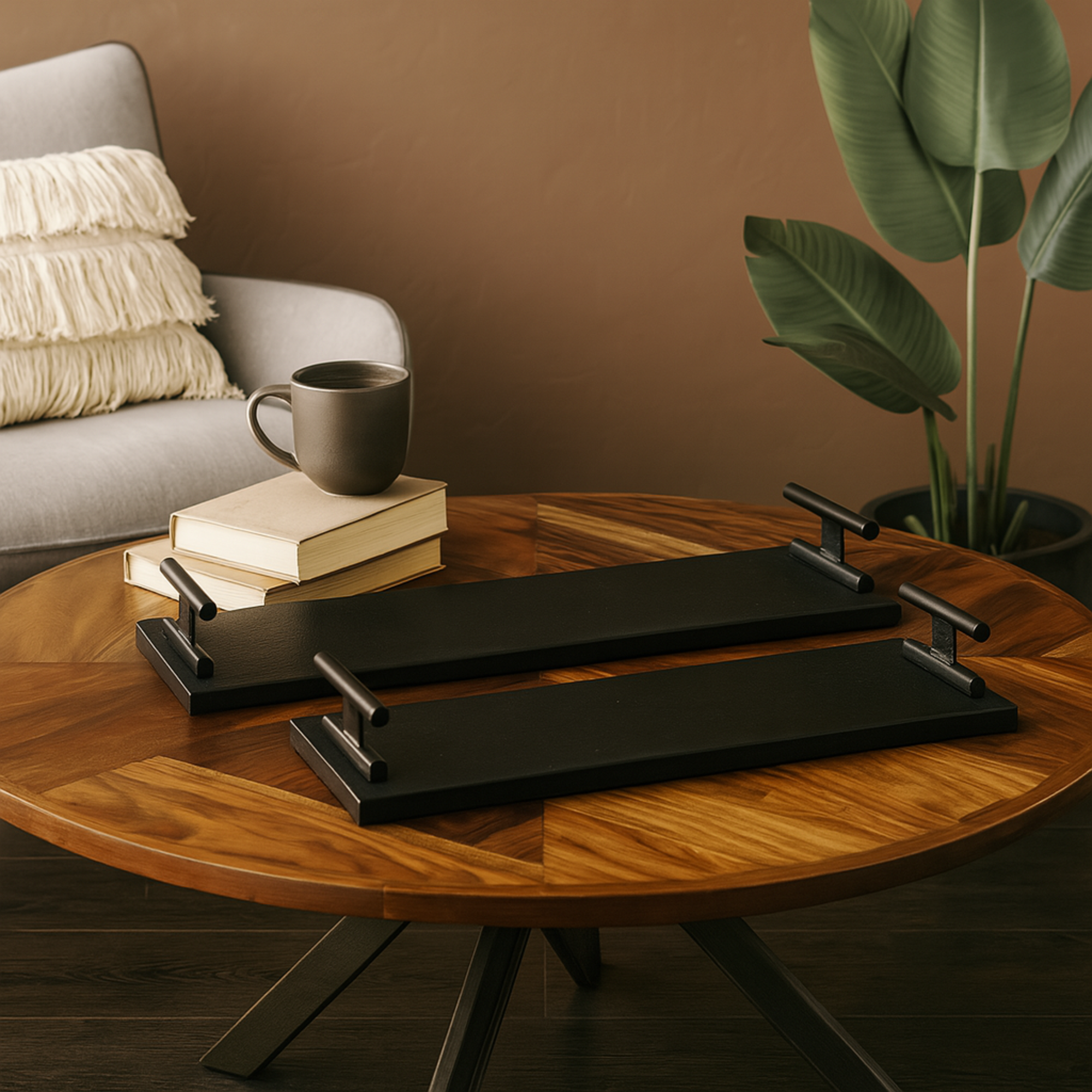 Set of 2 Marble Slim Textured Living Room Decor Tray with Rod Handles Set of 2 22", 18"W