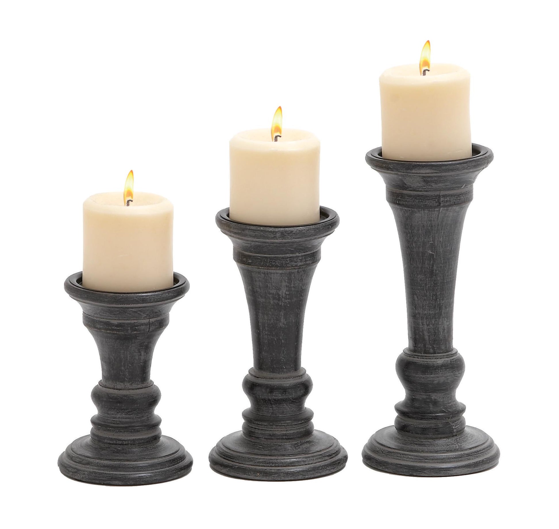 Set of 3 Black Mango Wood Whitewashed Turned Decorative Candle Holder