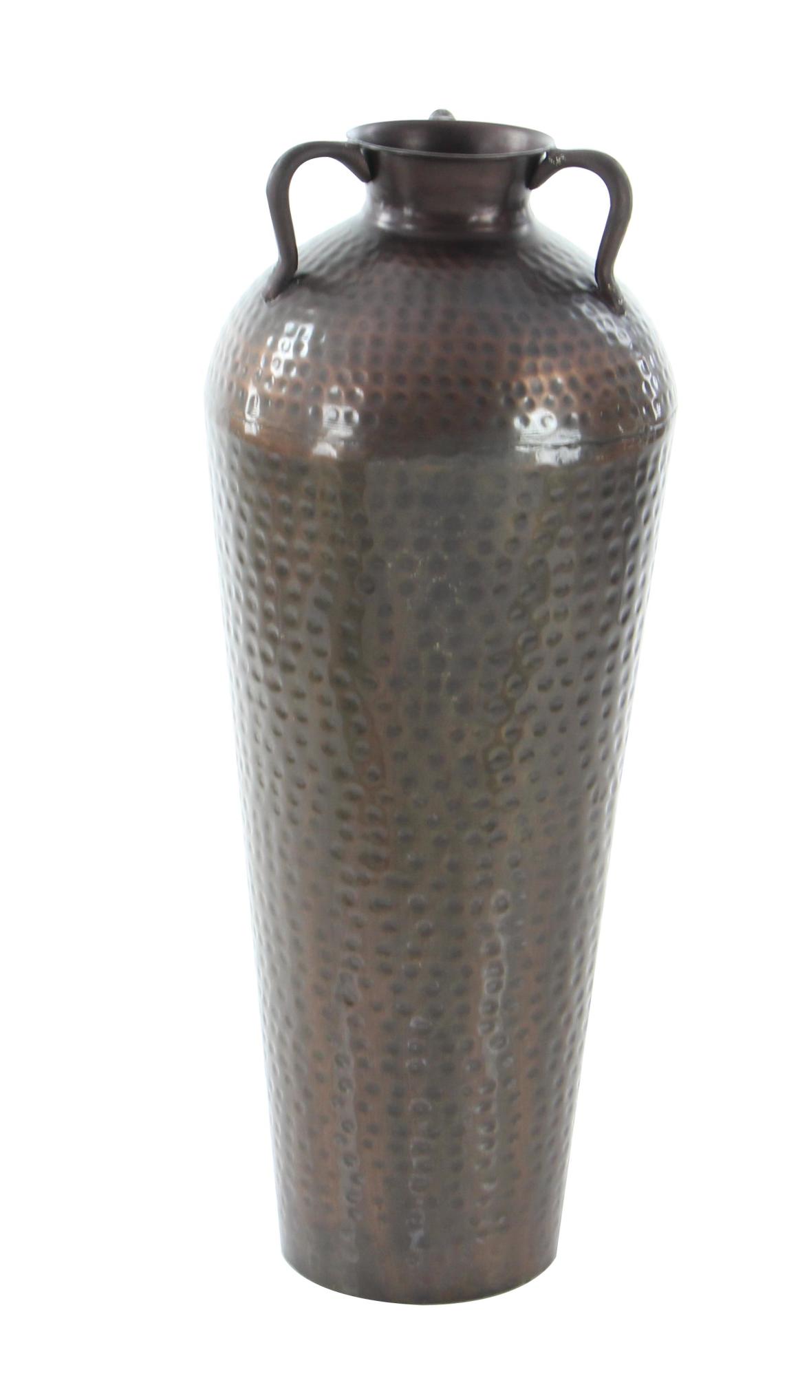 Brown Metal Tall Floor Mediterranean Style Decorative Vase with Hammered Details and Handles