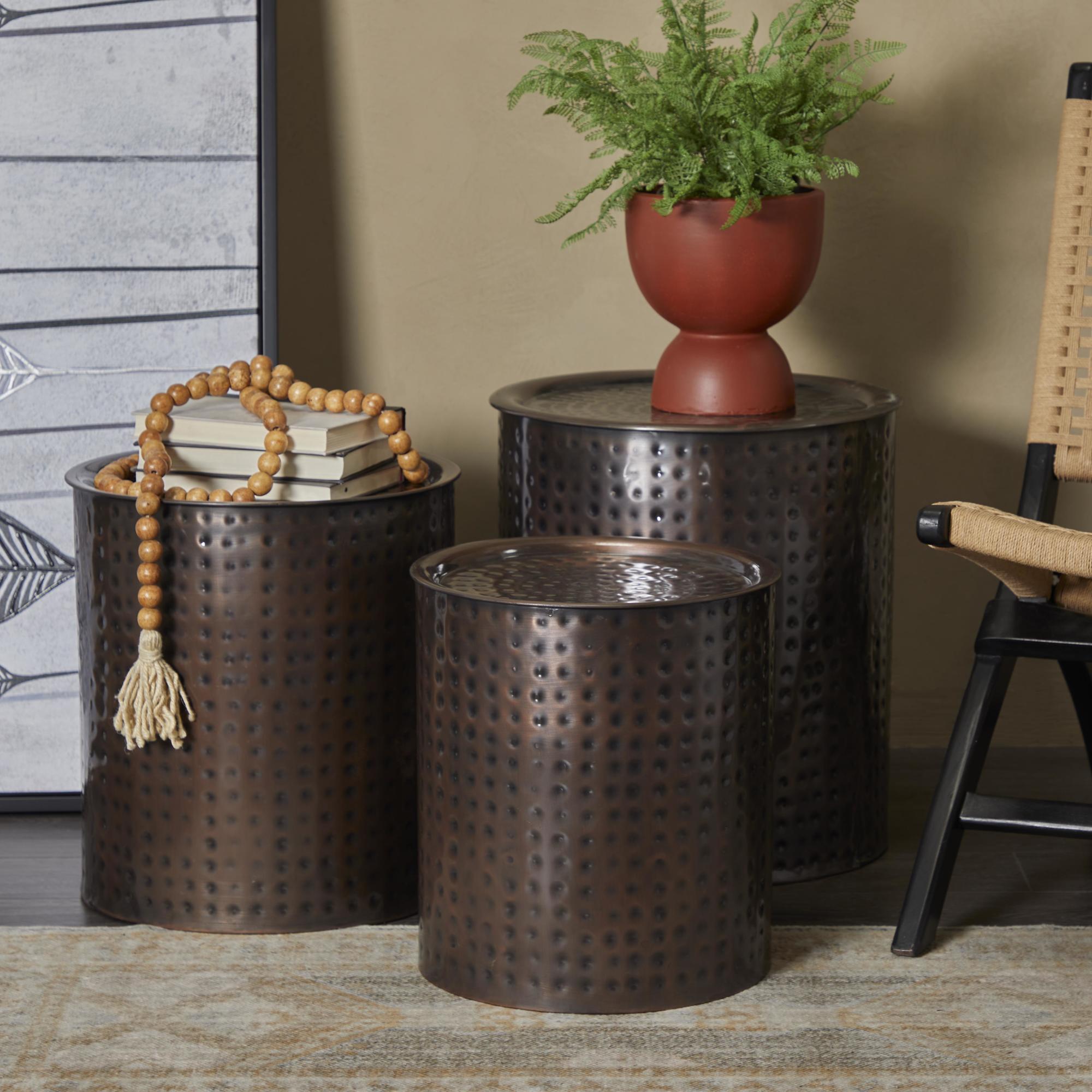 Set of 3 Drum Bronze Metal Handmade Side End Accent Table with Hammered Design