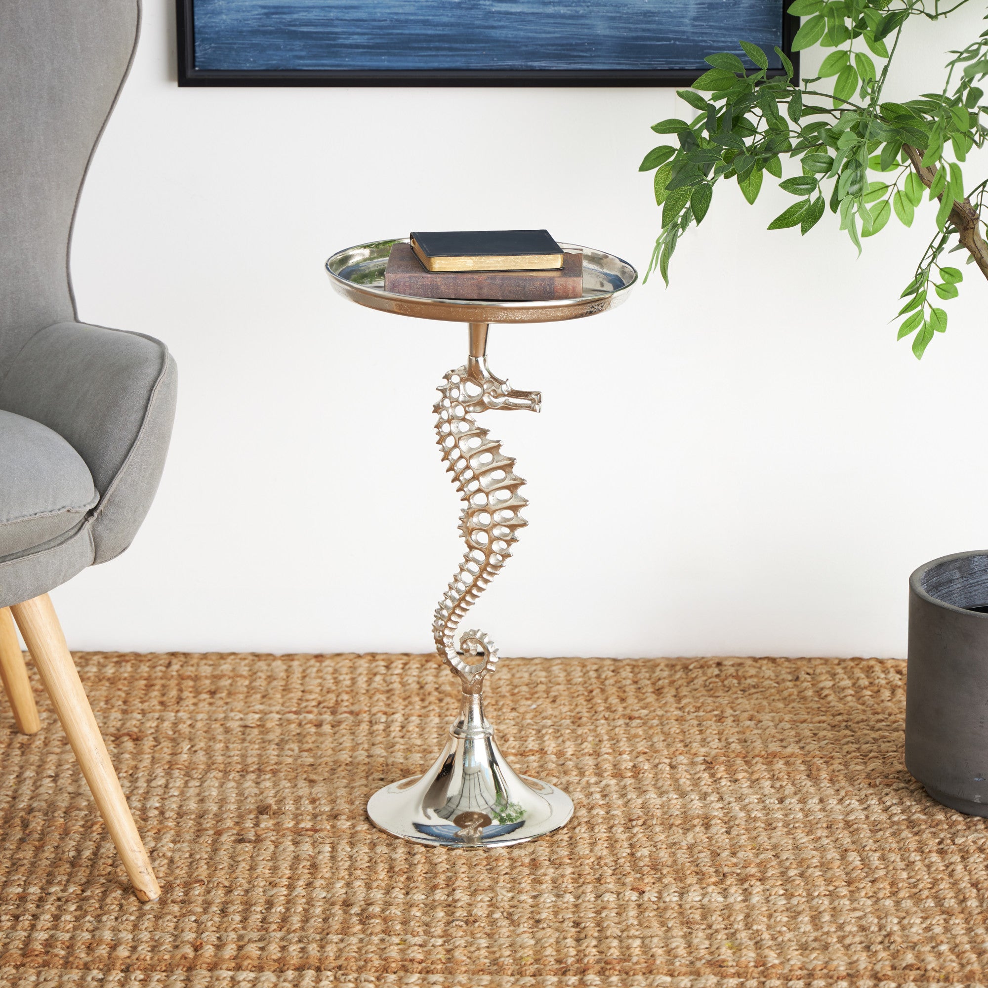 Sea Horse Aluminum Metal Pedestal Side End Accent Table with Tray Top 14" x 14" x 27"