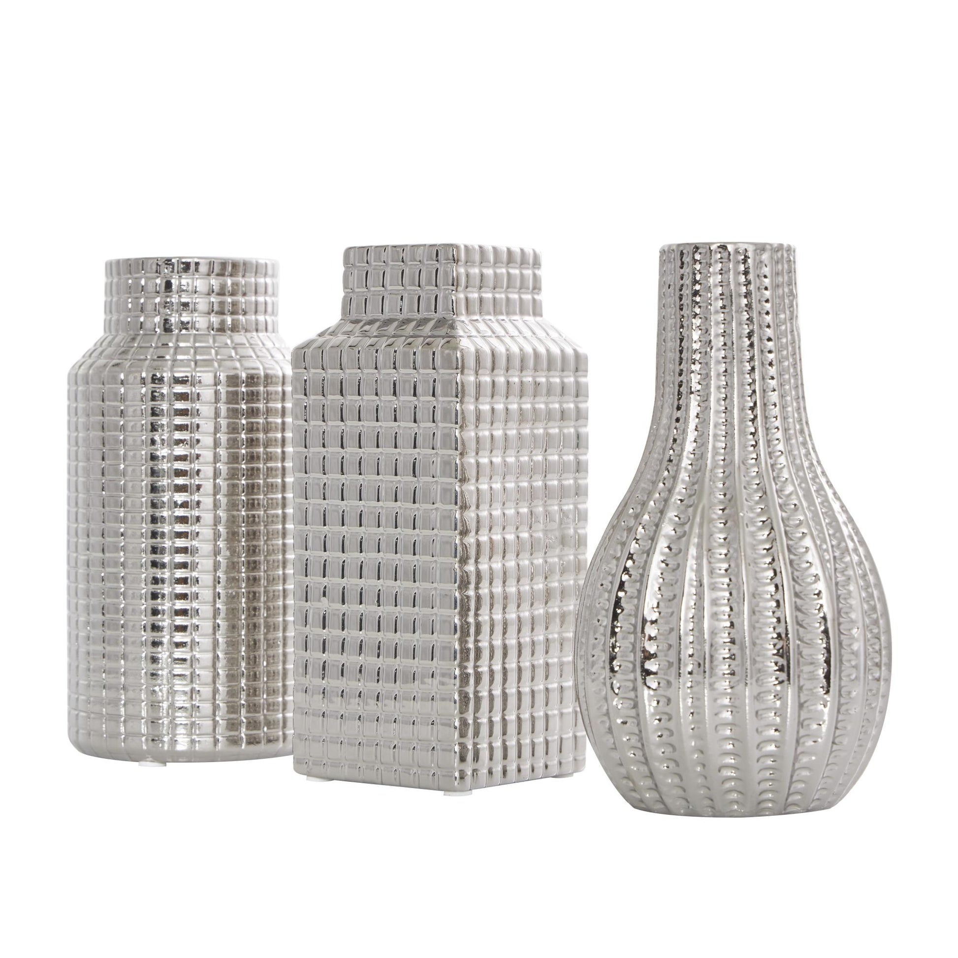 Set of 3 Geometric Ceramic Dimensional Textured Decorative Vase with Varying Shapes and Grid Patterns Set of 3 3"W, 8"H