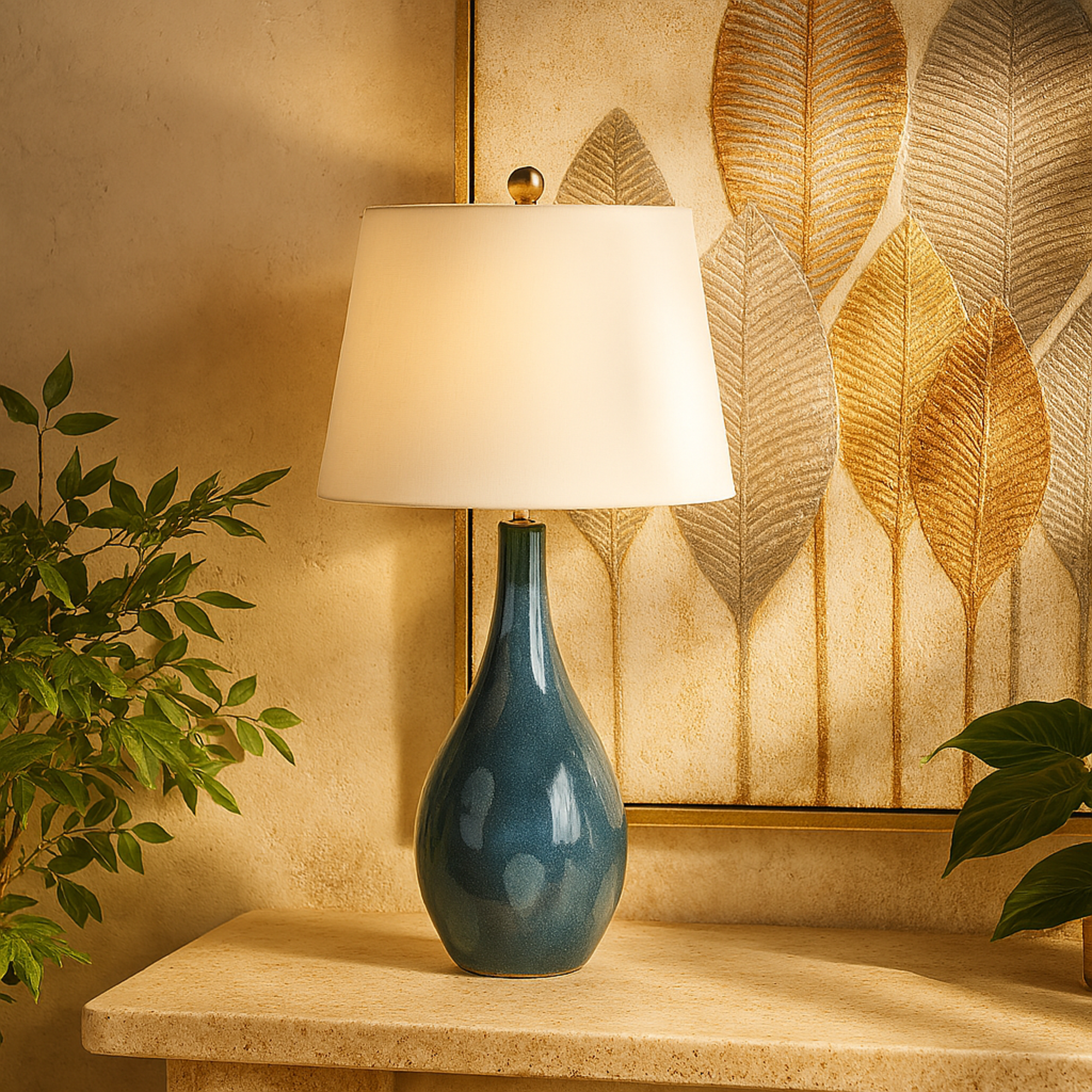Set of 2 Abstract Teal Ceramic Textured Room Table Lamp with Drum Shade