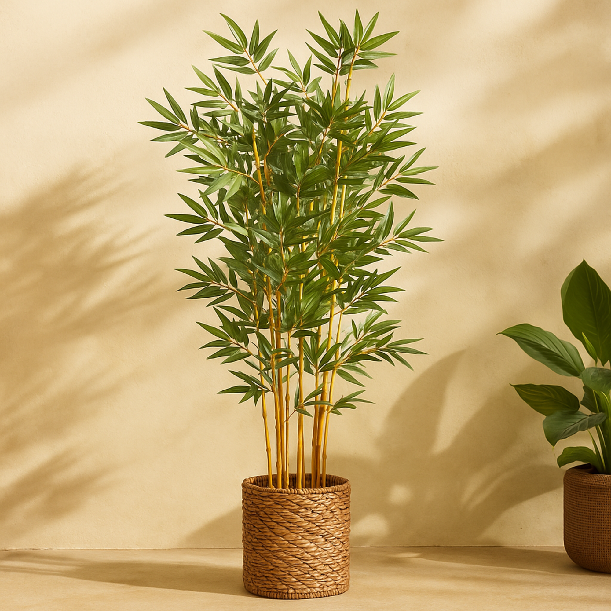 Bamboo Green Faux Foliage Indoor Outdoor Artificial Tree with Realistic Leaves and Brown Seagrass Pot