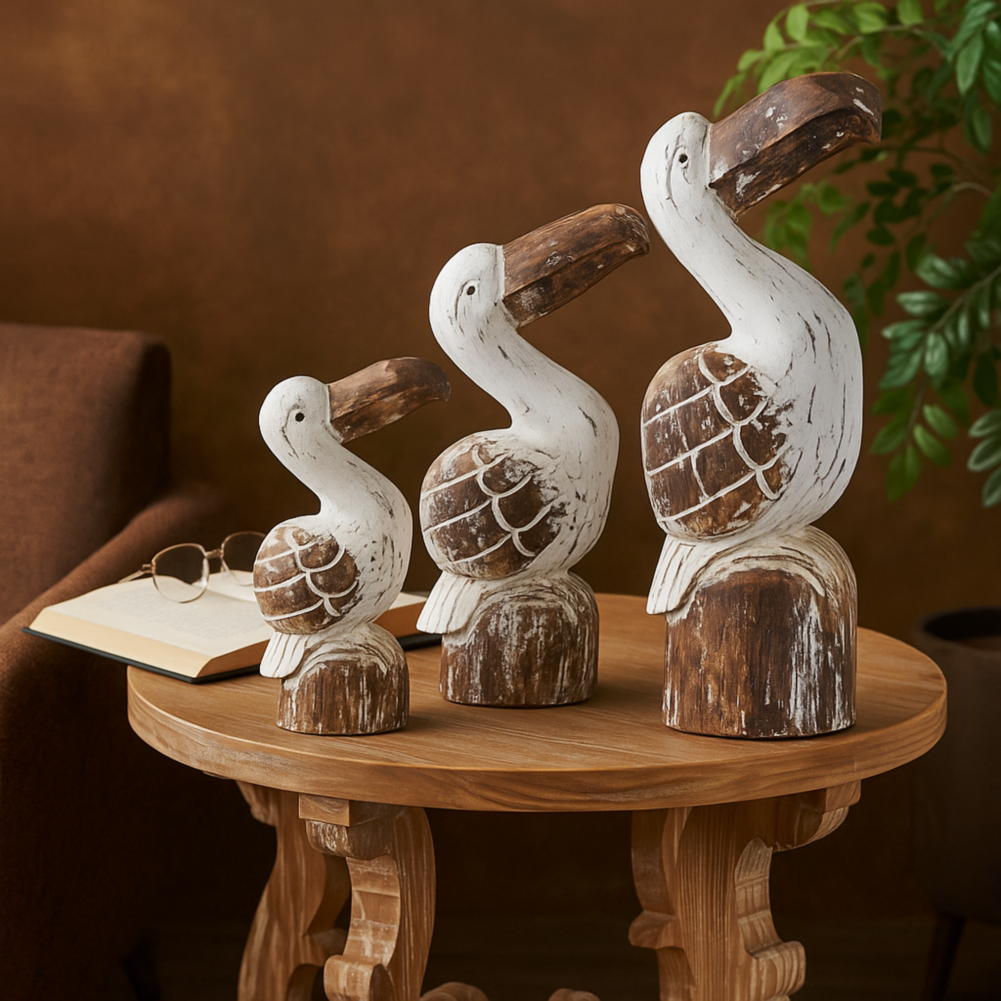 Set of 3 Pelican White Wood Handmade Distressed Decorative Sculpture with Brown Accents