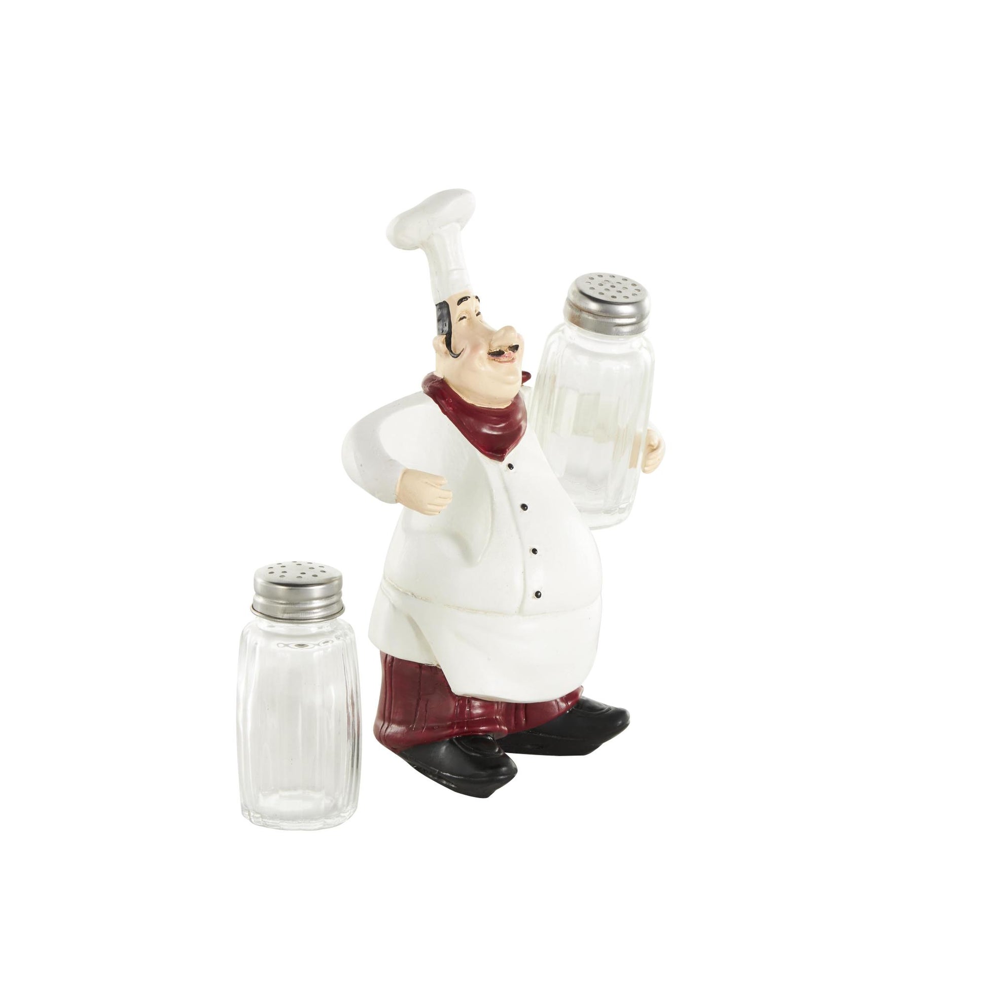 Chef White Polystone Figurine Decorative Salt and Pepper Shaker Holder with Red Accents