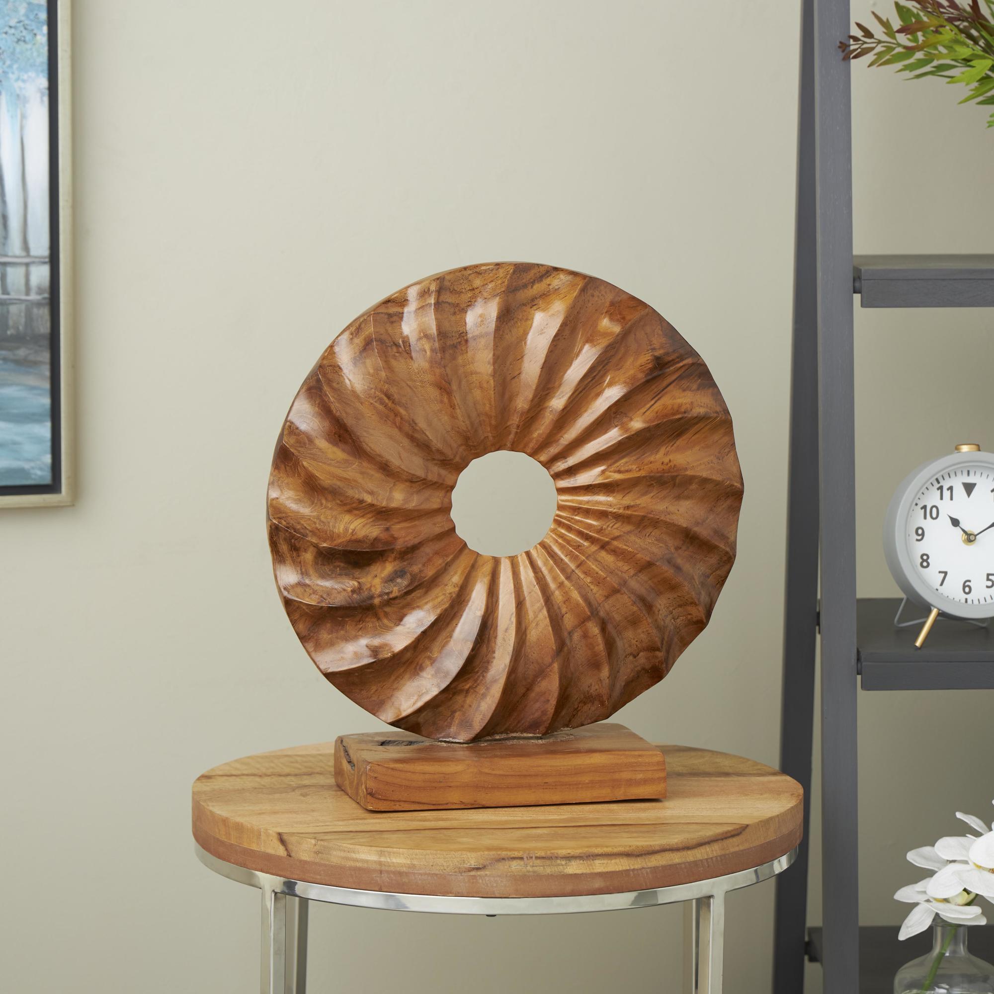 Sun Brown Teak Wood Handmade Dimensional Circular Decorative Sculpture with Center Cutout