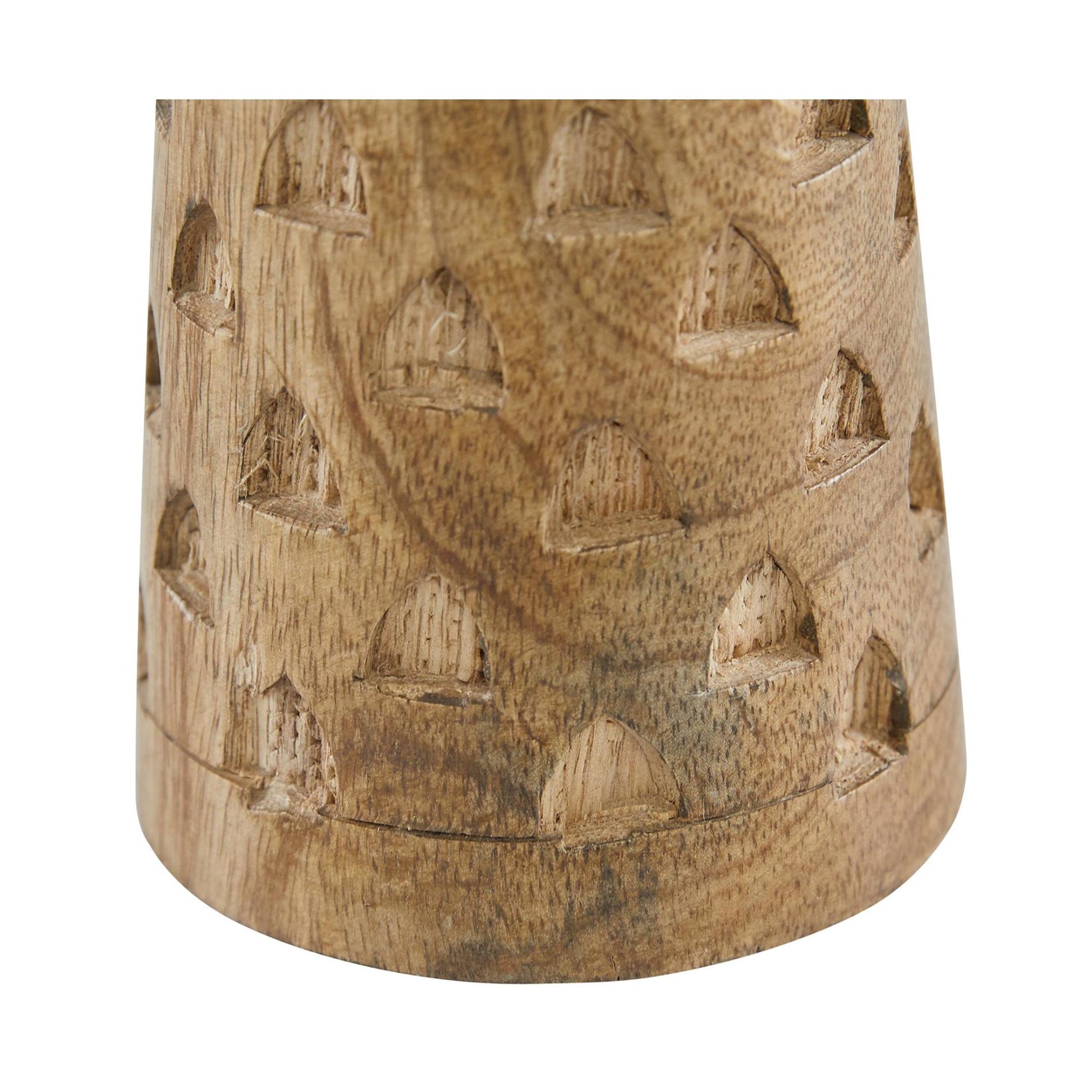 Set of 3 Geometric Brown Mango Wood Handmade Intricate Carved Pillar Decorative Candle Holder