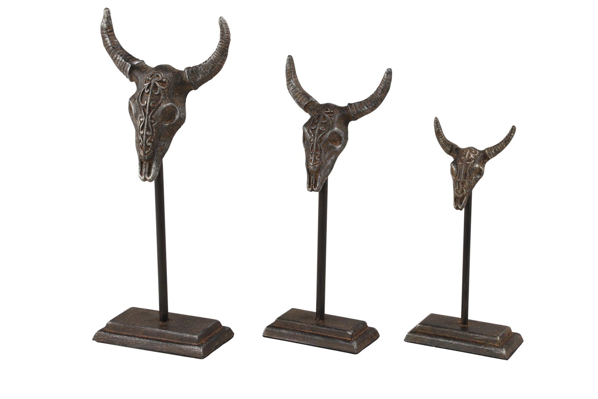 Set of 3 Bull Gray Metal Head Decorative Sculpture