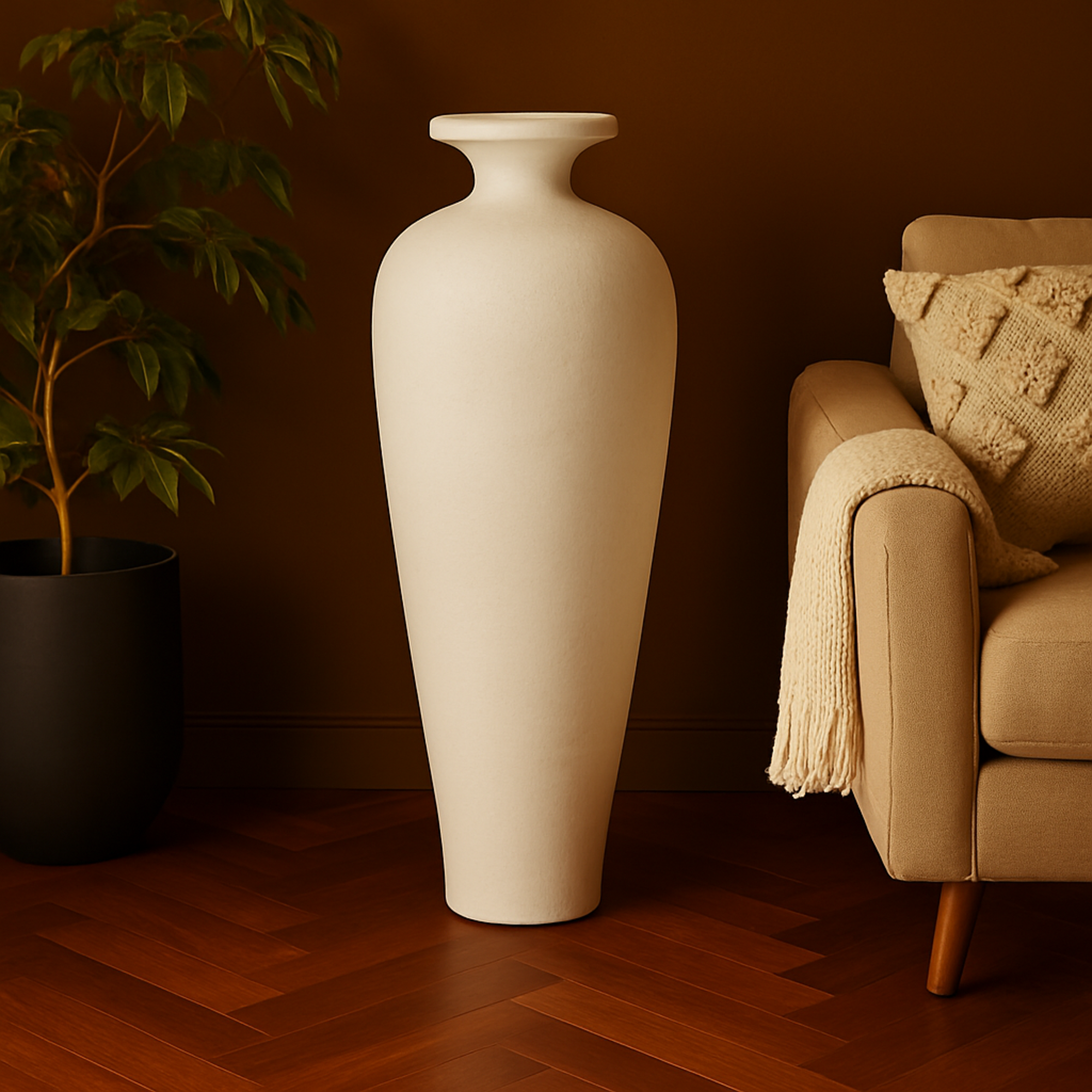 Beige Ceramic Tall Amphora Floor Decorative Vase